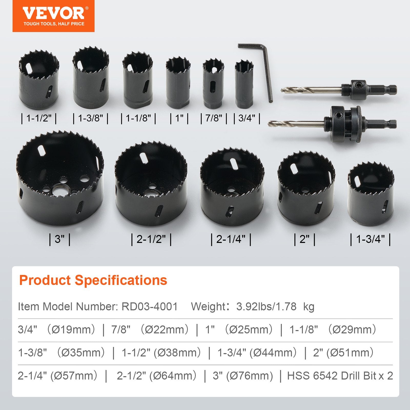 VEVOR Hole Saw Kit, 11 PCS Saw Blades, 2 Drill Bits, 1 Hex Wrench, General Purpose Size from 3/4" to 3", Bi Metal M42 Hole Saw Set with Carrying Case, Ideal for Wood Board, Plastic and Iron Plate 