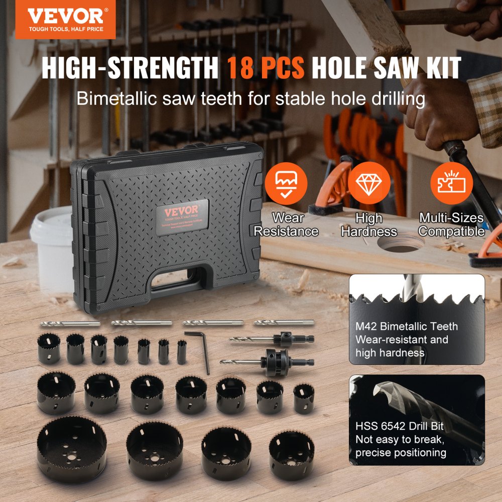 VEVOR Hole Saw Kit, 18 PCS Saw Blades, 6 Drill Bits, 1 Hex Wrench, General Purpose Size from 3/4" to 4-1/2", Bi Metal M42 Hole Saw Set with Carrying Case, Ideal for Wood Board, Plastic and Iron Plate 
