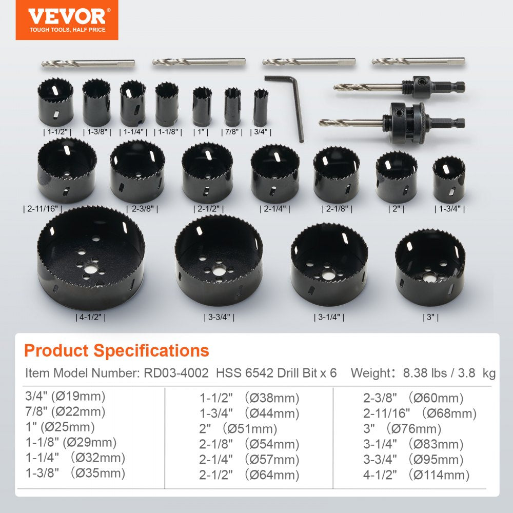 VEVOR Hole Saw Kit, 18 PCS Saw Blades, 6 Drill Bits, 1 Hex Wrench, General Purpose Size from 3/4" to 4-1/2", Bi Metal M42 Hole Saw Set with Carrying Case, Ideal for Wood Board, Plastic and Iron Plate 