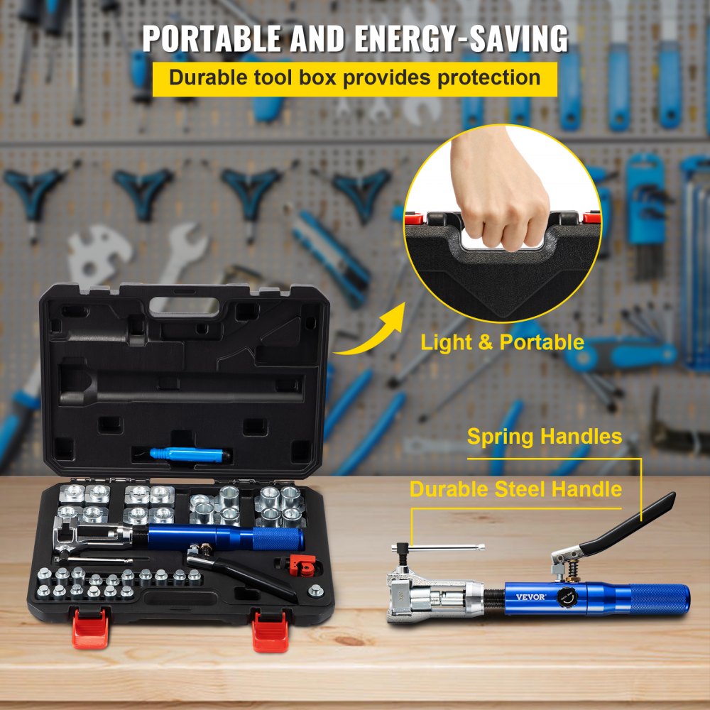 VEVOR Hydraulic Flaring Tool Kit, 45° Double Flaring Tool, Brake Repair Brake Flaring Tools for 3/16"-1/2", Brake Flare Tool with Tube Cutter and Deburrer, 32 PCS Tube Flaring Tools for Copper Lines 
