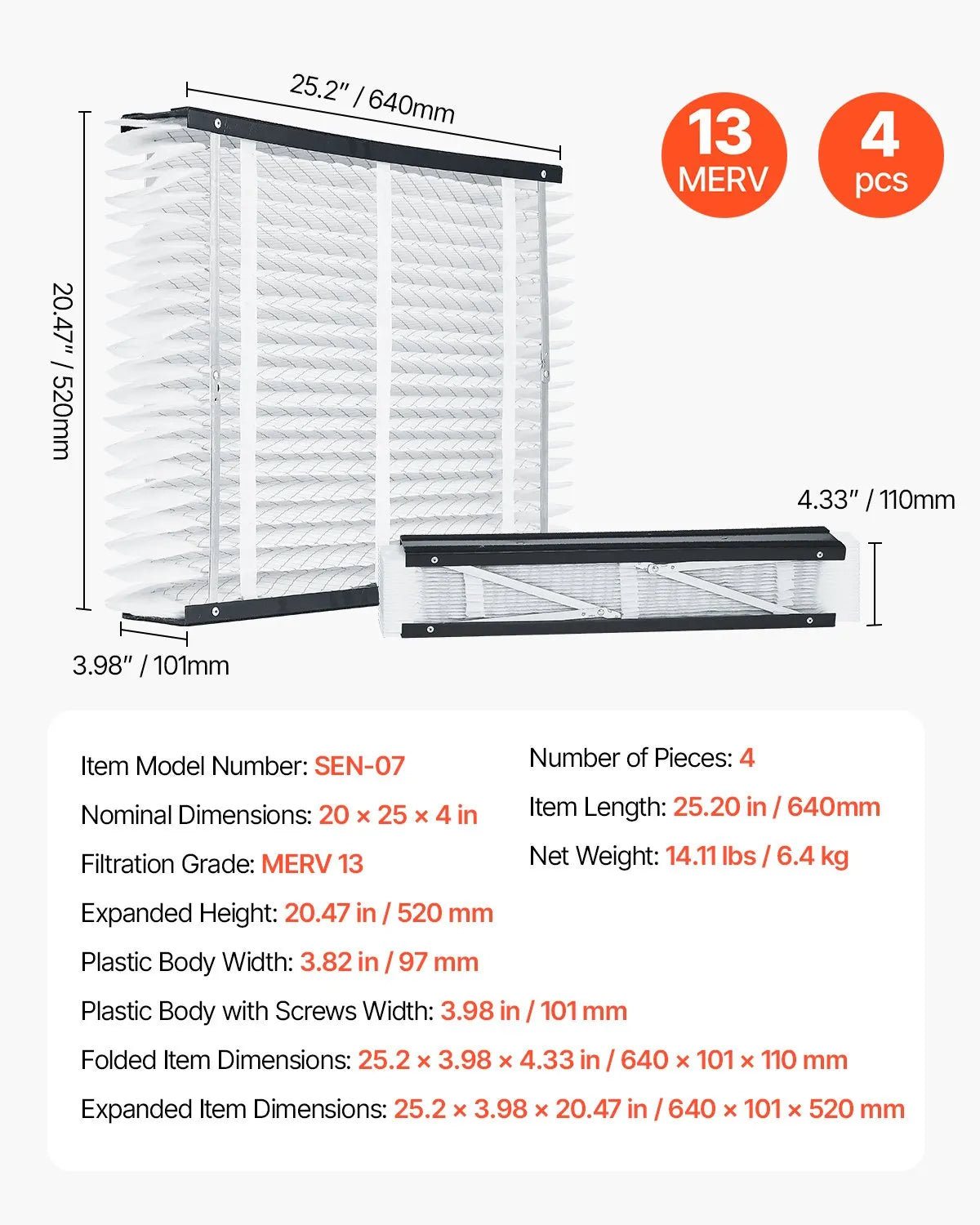 VEVOR Air Filters MERV 13 Electrostatic Pleated Furnace Filter 4-Pack 20x25x4