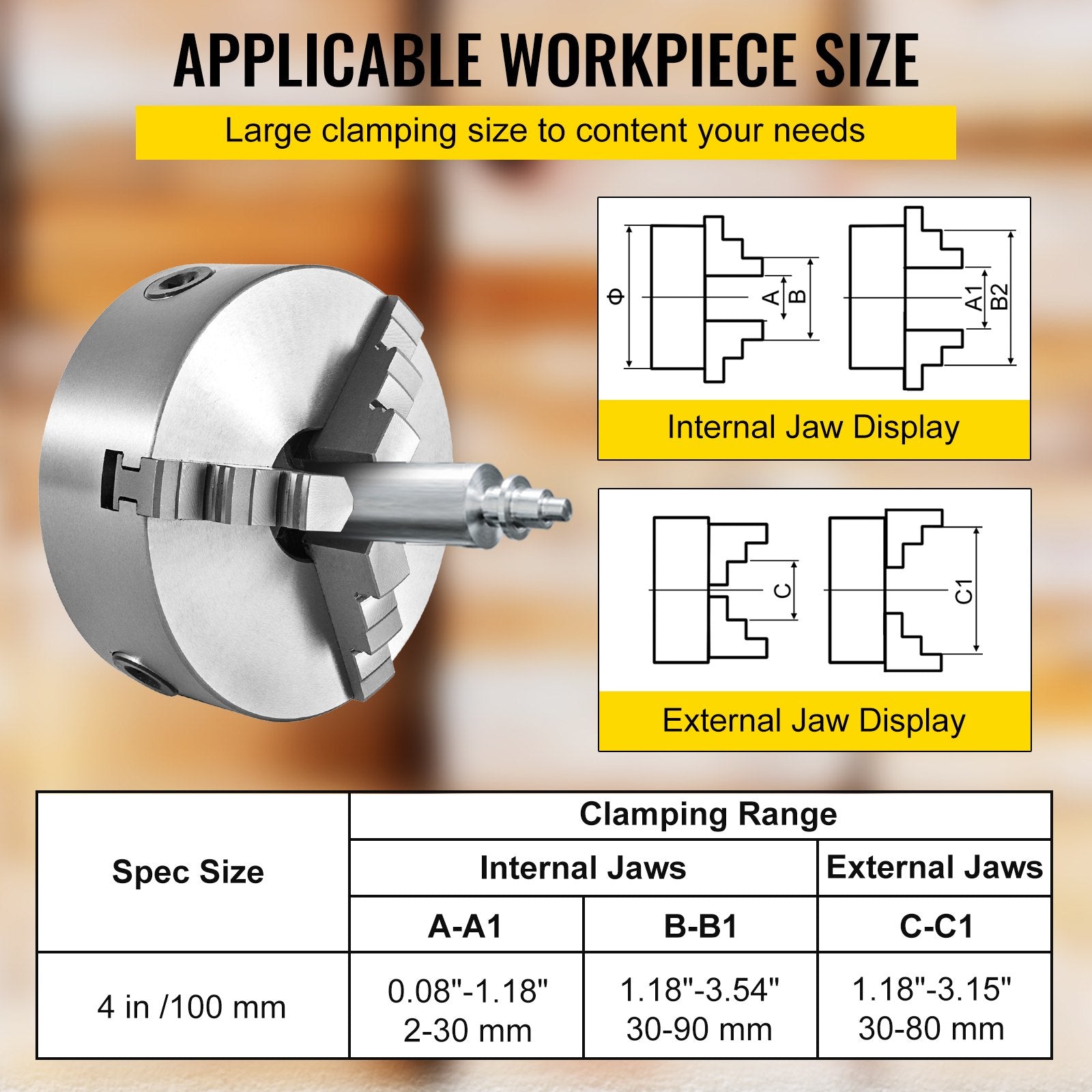 VEVOR  K11-100 Lathe Chuck 4" ,Metal Lathe Chuck  Self-centering 3 Jaw ,Lathe Chuck With Two Sets Of Jaws, for Grinding Machines Milling Machines 
