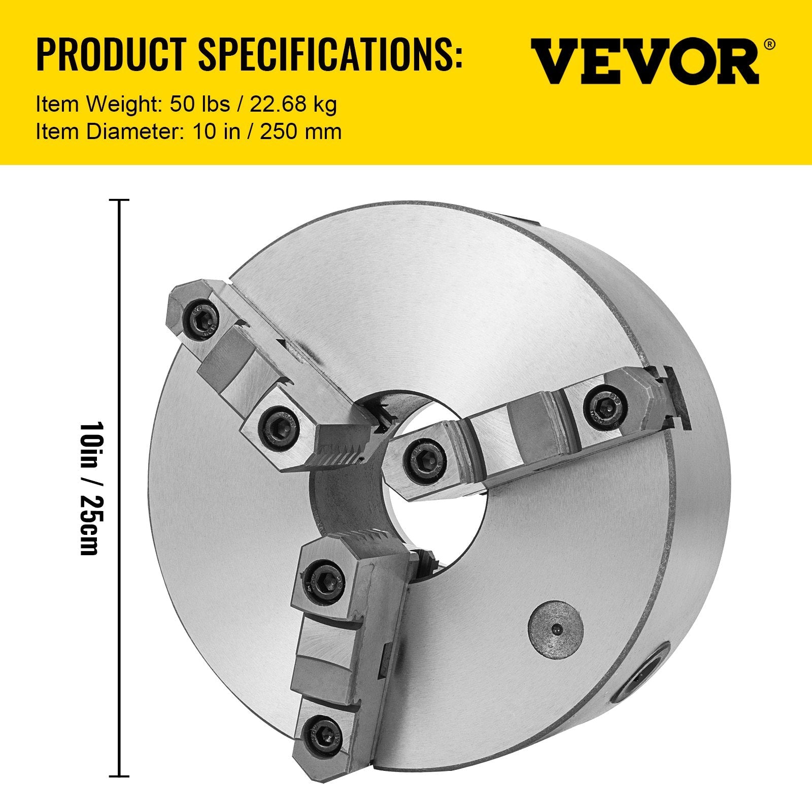 VEVOR K11-250 Lathe Chuck 10 Inch 3 Jaw, Self Centering Chuck Milling Hardened Steel, Internal External Grinding for Lathe Drilling Milling Machine 