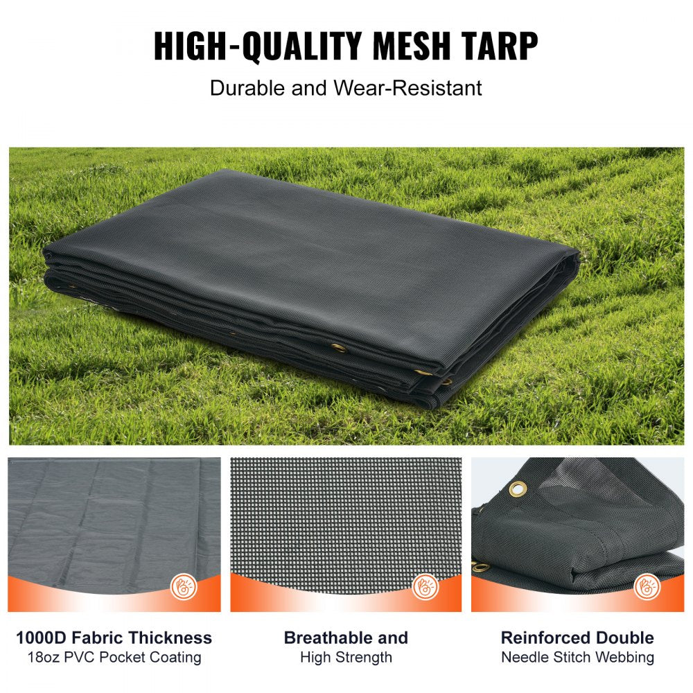 VEVOR Dump Truck Mesh Tarp, 7.5x18 ft, PVC Coated Black Heavy Duty Cover with 5.5" 18oz Double Pocket, Brass Grommets, Reinforced Double Needle Stitch Webbing Fits Manual or Electric Dump Truck System 