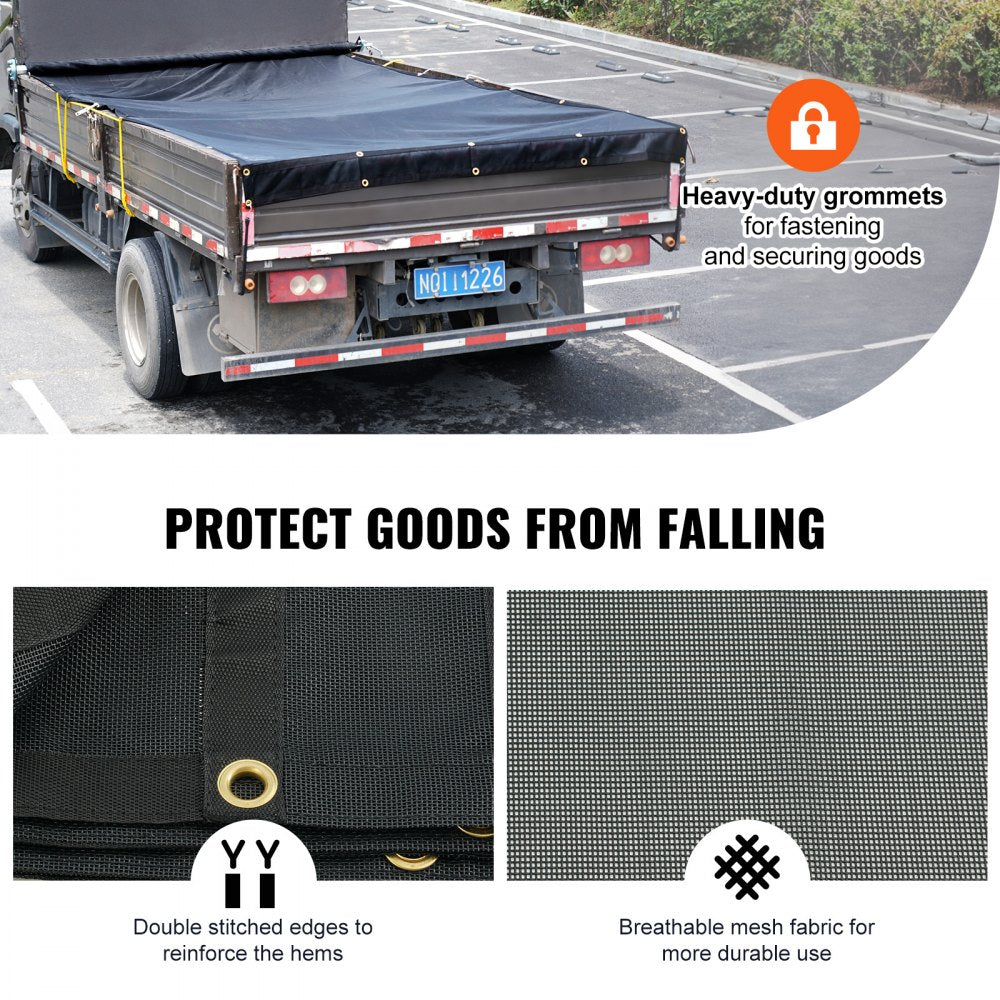 VEVOR Dump Truck Mesh Tarp, 7.5x18 ft, PVC Coated Black Heavy Duty Cover with 5.5" 18oz Double Pocket, Brass Grommets, Reinforced Double Needle Stitch Webbing Fits Manual or Electric Dump Truck System 
