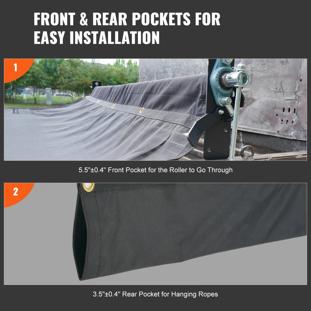 VEVOR Dump Truck Mesh Tarp, 7.5x18 ft, PVC Coated Black Heavy Duty Cover with 5.5" 18oz Double Pocket, Brass Grommets, Reinforced Double Needle Stitch Webbing Fits Manual or Electric Dump Truck System 