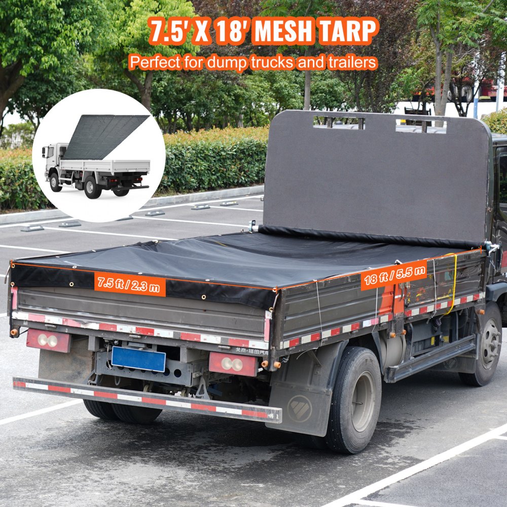 VEVOR Dump Truck Mesh Tarp, 7.5x18 ft, PVC Coated Black Heavy Duty Cover with 5.5" 18oz Double Pocket, Brass Grommets, Reinforced Double Needle Stitch Webbing Fits Manual or Electric Dump Truck System 