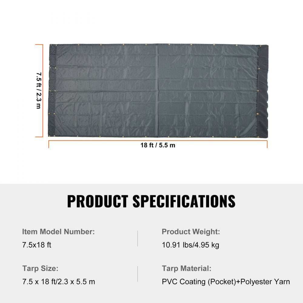 VEVOR Dump Truck Mesh Tarp, 7.5x18 ft, PVC Coated Black Heavy Duty Cover with 5.5" 18oz Double Pocket, Brass Grommets, Reinforced Double Needle Stitch Webbing Fits Manual or Electric Dump Truck System 