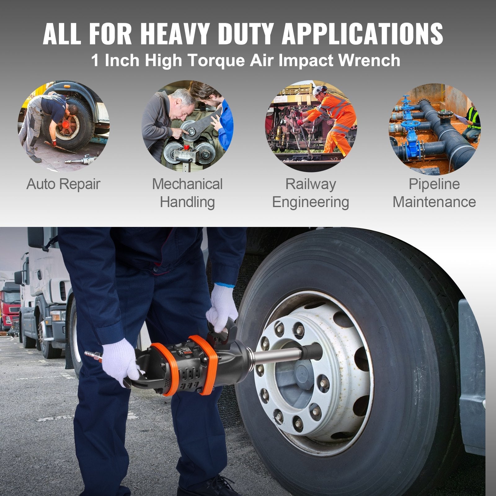 VEVOR 1 Inch Air Impact Wrench, Up to 5175 ft-lbs Beast Reverse Torque Output Pneumatic Impact w/ 8 Inch Anvil for Heavy Duty Machinery/Semi-Truck/Bus 