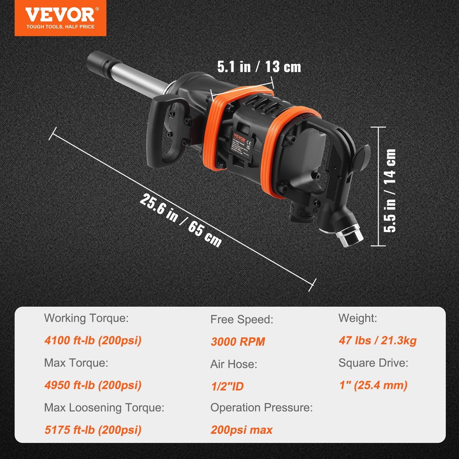 VEVOR 1 Inch Air Impact Wrench, Up to 5175 ft-lbs Beast Reverse Torque Output Pneumatic Impact w/ 8 Inch Anvil for Heavy Duty Machinery/Semi-Truck/Bus 