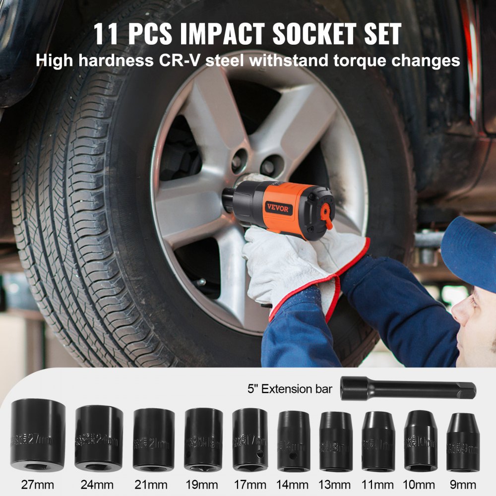 VEVOR 1/2-Inch Air Impact Wrench, High Torque Up to 1400 ft-lbs, Lightweight 4.6 lb Design Pneumatic Impact Gun with 11-PCS 1/2-Inch Drive CR-V Steel Impact Socket Set & Carrying Case 