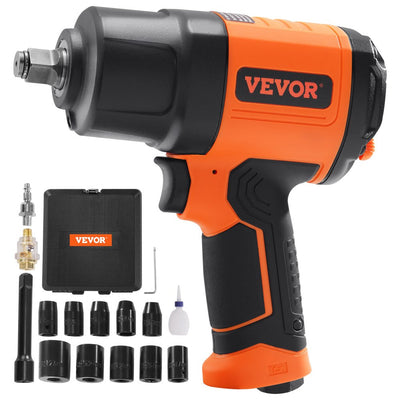 VEVOR 1/2-Inch Air Impact Wrench, High Torque Up to 1400 ft-lbs, Lightweight 4.6 lb Design Pneumatic Impact Gun with 11-PCS 1/2-Inch Drive CR-V Steel Impact Socket Set & Carrying Case 