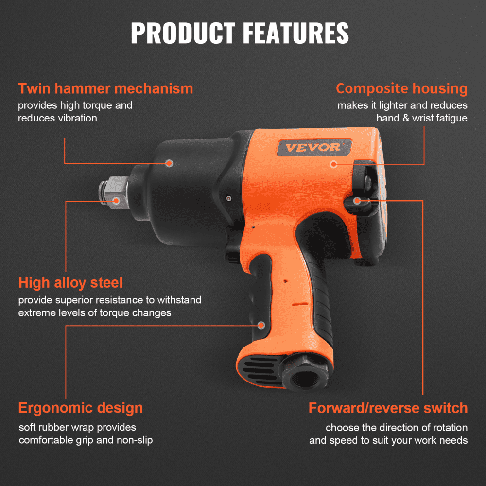 VEVOR Air Impact Wrench, 3/4-Inch Drive Air Impact Gun, Up to 1870ft-lbs Nut-busting Torque, Composite Pneumatic Impact Wrench for Auto Repairs and Maintenance Heavy Duty 