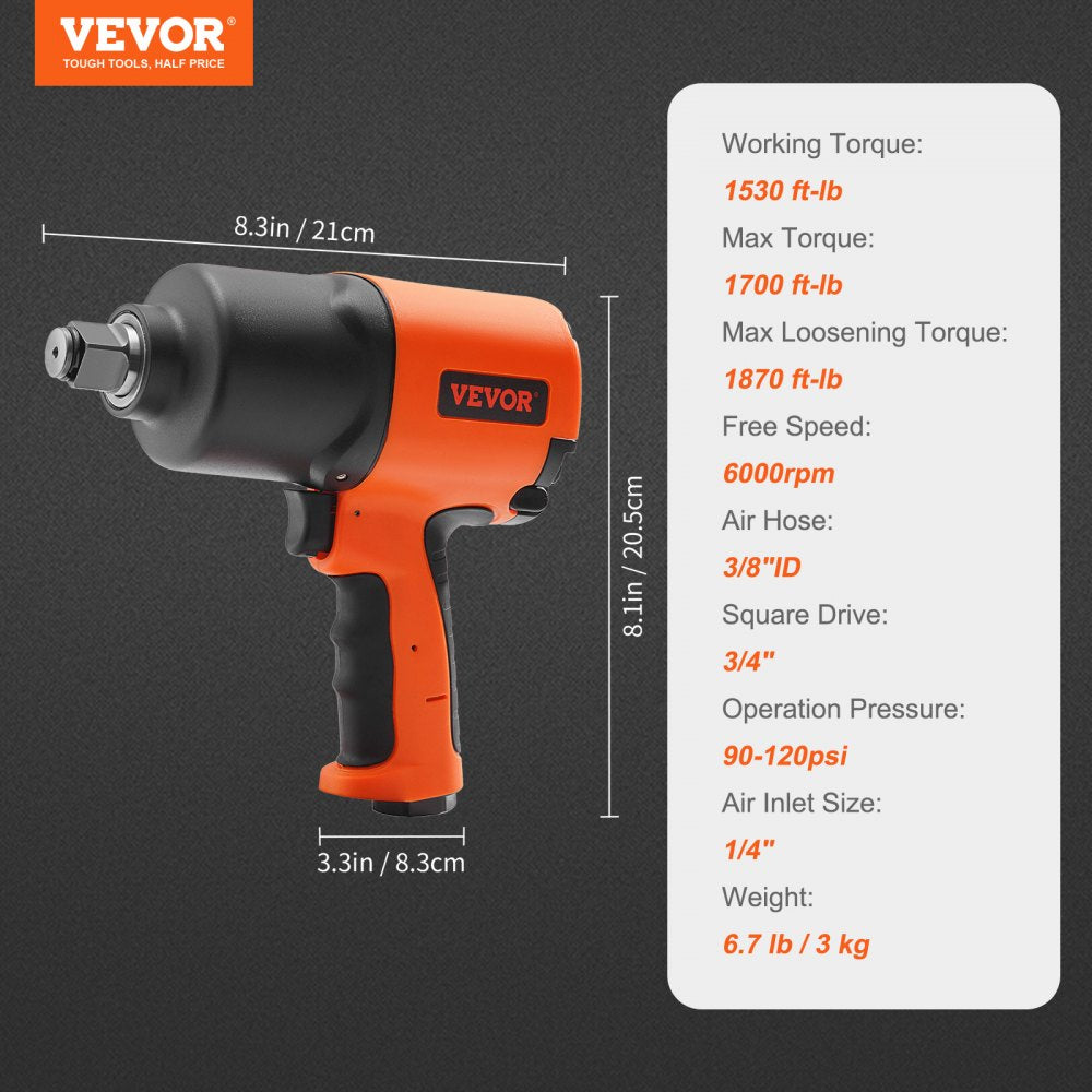 VEVOR Air Impact Wrench, 3/4-Inch Drive Air Impact Gun, Up to 1870ft-lbs Nut-busting Torque, Composite Pneumatic Impact Wrench for Auto Repairs and Maintenance Heavy Duty 