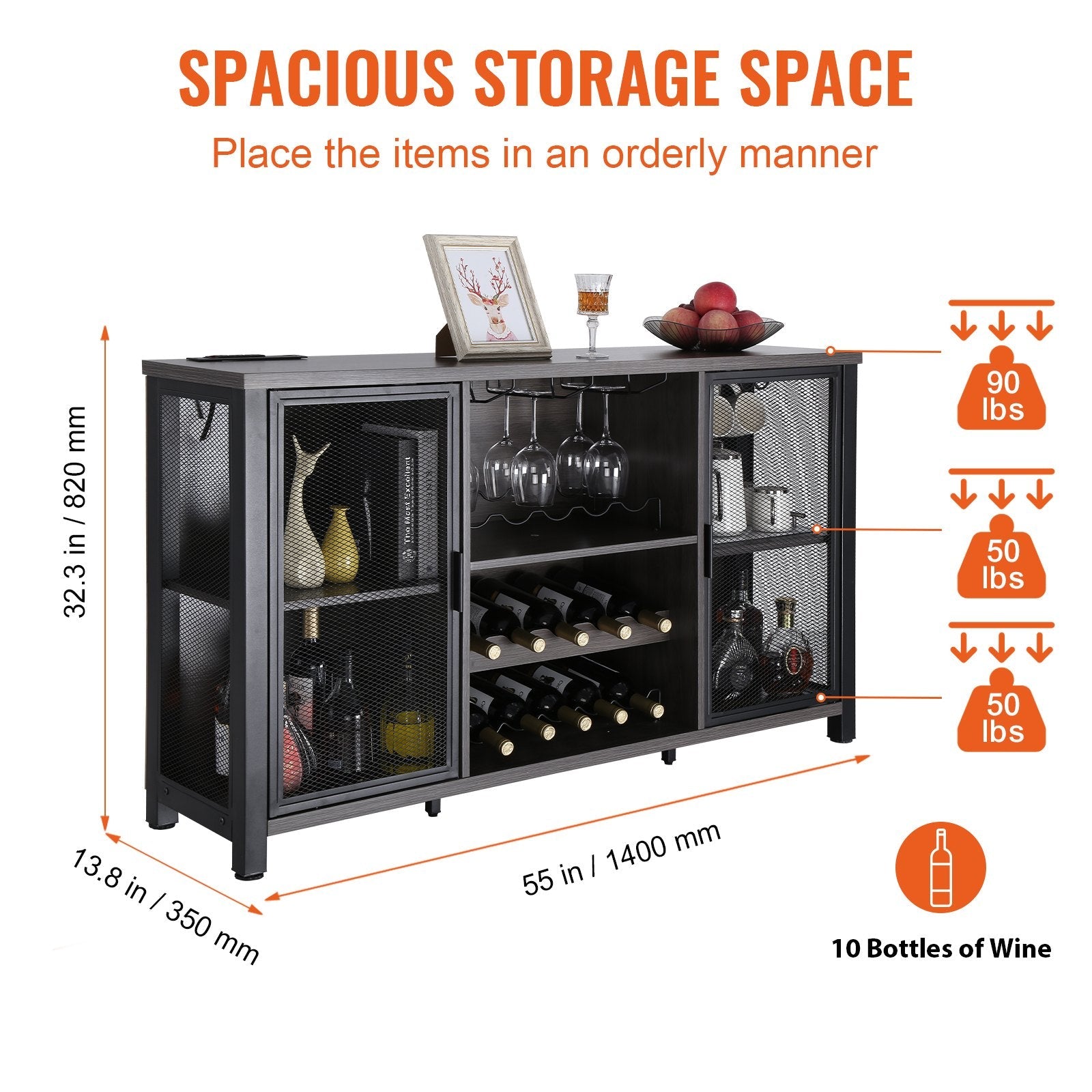 VEVOR 47 Inch Industrial Bar Cabinet, Wine Table for Liquor & Glasses, Sideboard Buffet Cabinet with Wine Rack, Freestanding Farmhouse Wood Coffee Bar Cabinet for Living Room, Home Bar, Kitchen White 