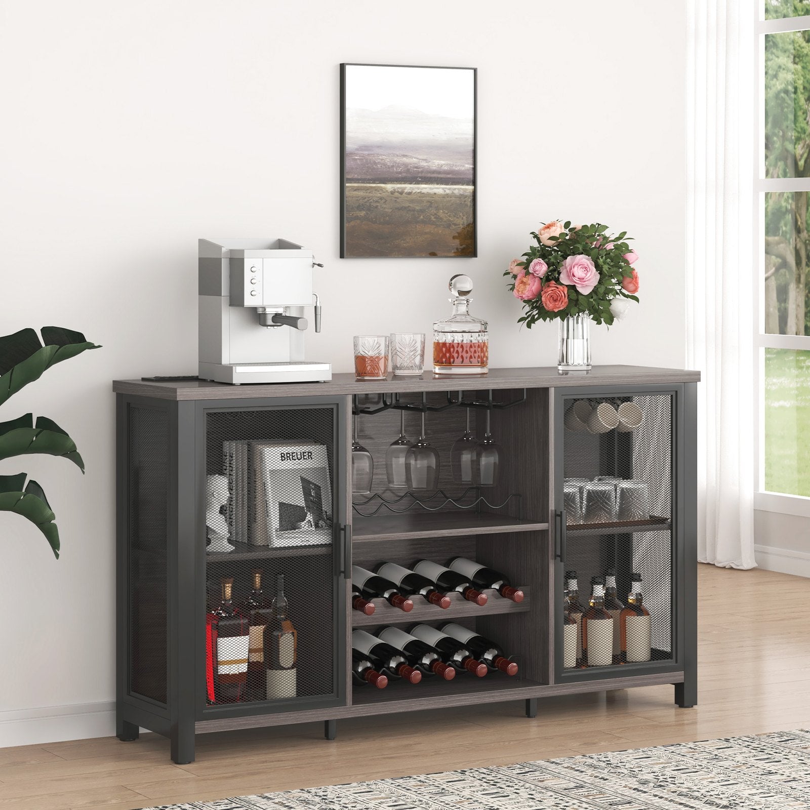 VEVOR 47 Inch Industrial Bar Cabinet, Wine Table for Liquor & Glasses, Sideboard Buffet Cabinet with Wine Rack, Freestanding Farmhouse Wood Coffee Bar Cabinet for Living Room, Home Bar, Kitchen White 