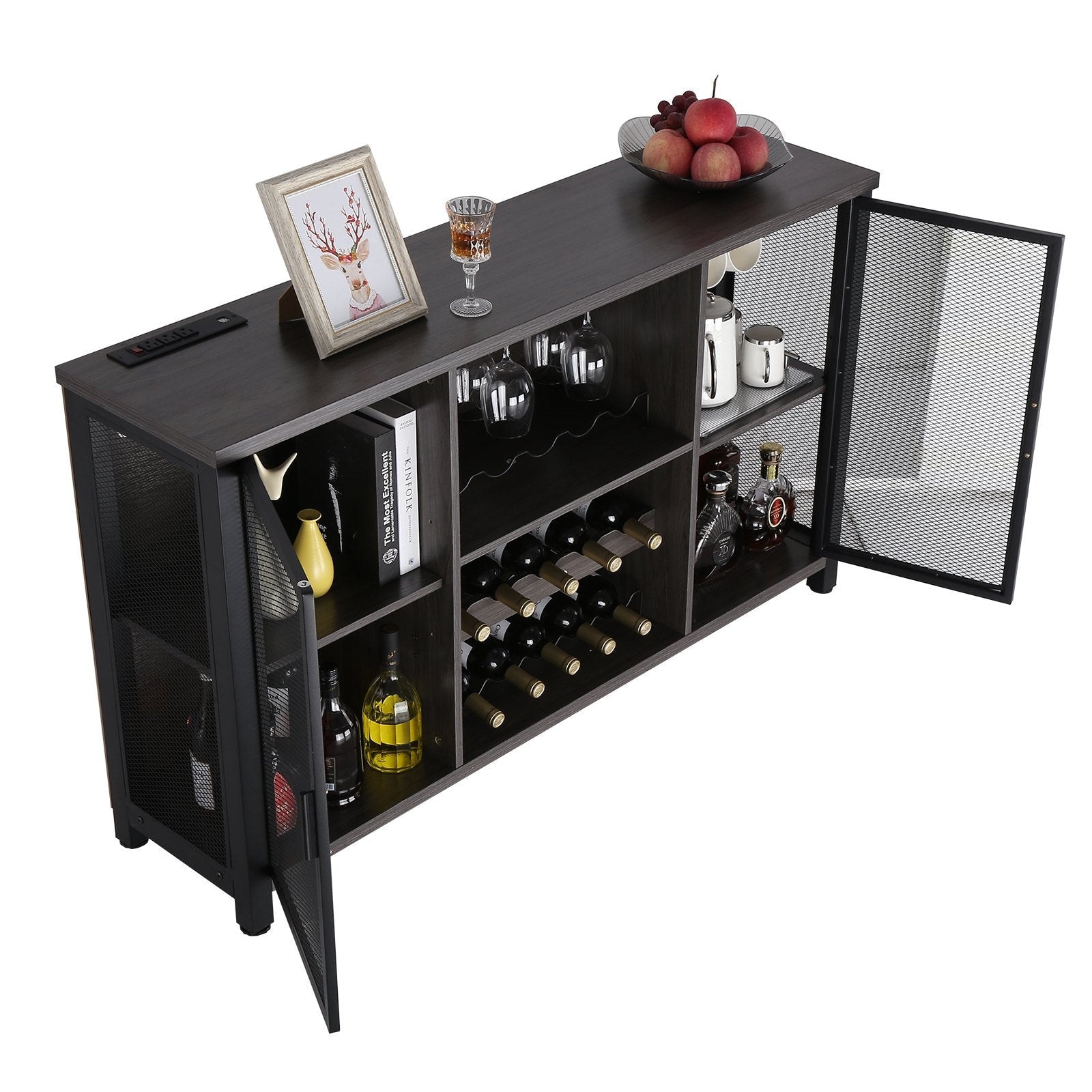 VEVOR 47 Inch Industrial Bar Cabinet, Wine Table for Liquor & Glasses, Sideboard Buffet Cabinet with Wine Rack, Freestanding Farmhouse Wood Coffee Bar Cabinet for Living Room, Home Bar, Kitchen White 