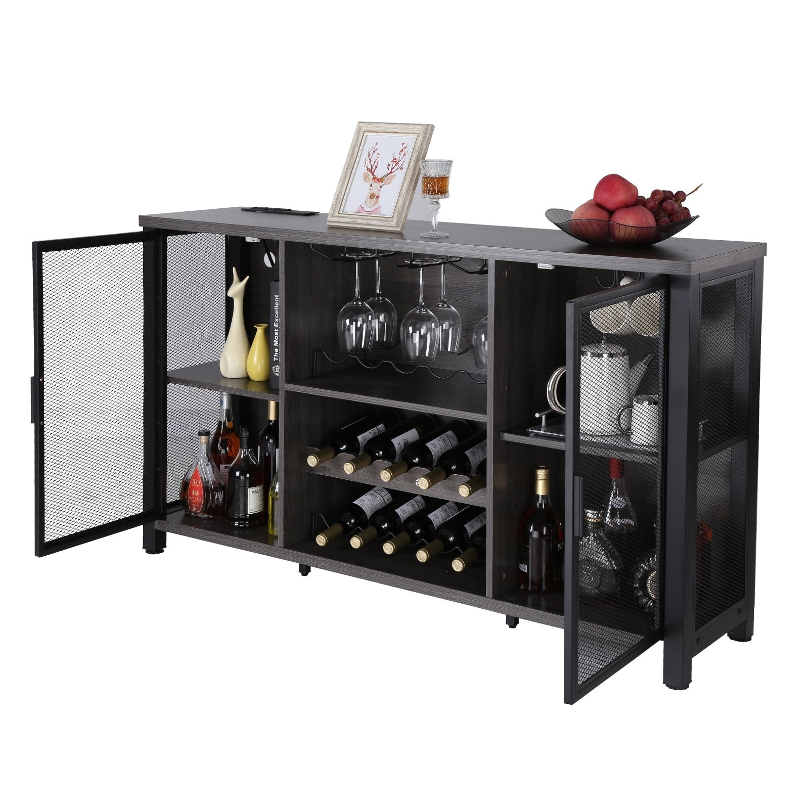 VEVOR 47 Inch Industrial Bar Cabinet, Wine Table for Liquor & Glasses, Sideboard Buffet Cabinet with Wine Rack, Freestanding Farmhouse Wood Coffee Bar Cabinet for Living Room, Home Bar, Kitchen White 