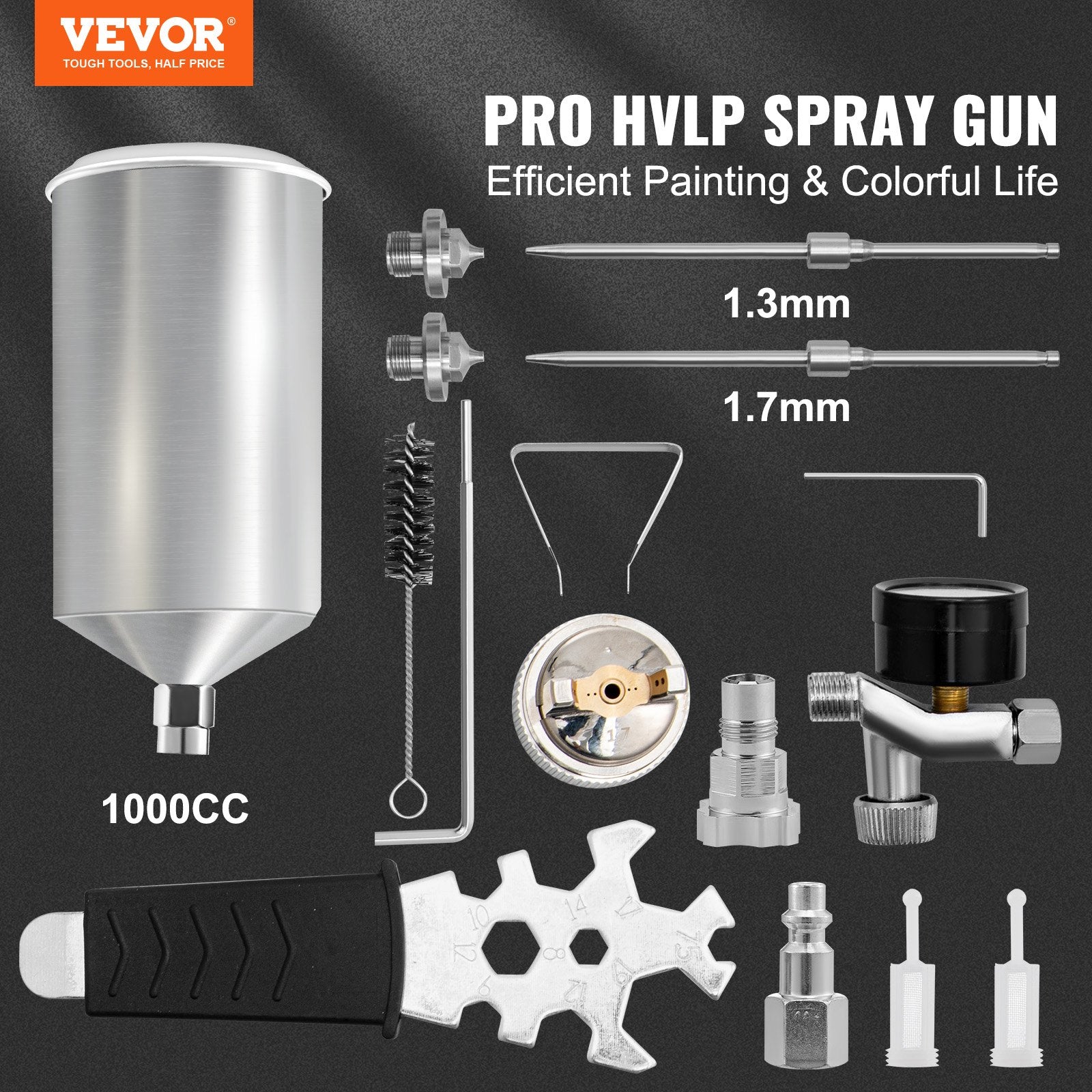 VEVOR HVLP Spray Gun, High Performance Automotive Paint Gun with 1.3/1.7mm Stainless Fluid Tip Sets, 1000cc Cup, MPS Adapter and Air Regulator for Primer, Clear & Top Coat, Touch Up 
