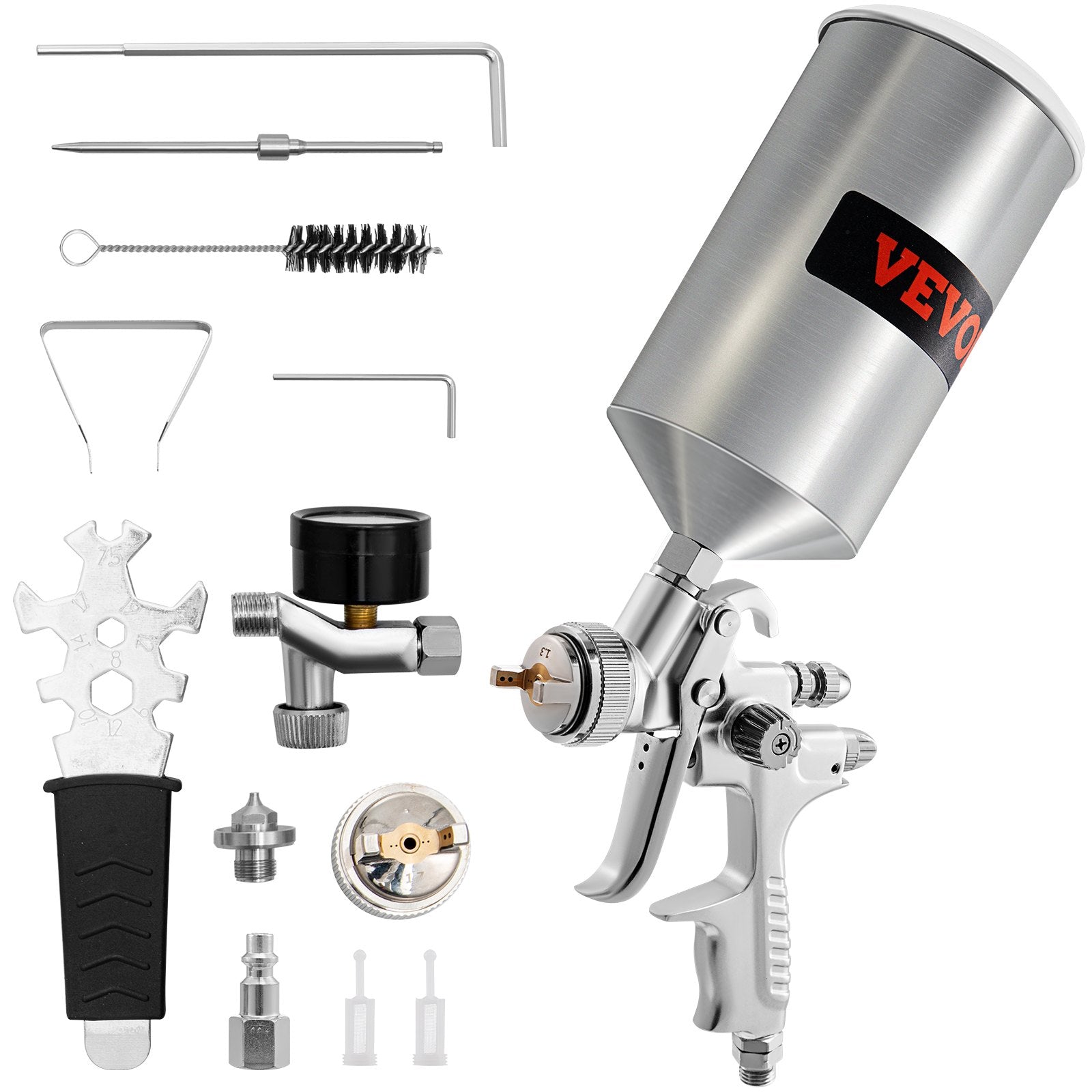 VEVOR HVLP Spray Gun, High Performance Automotive Paint Gun with 1.3/1.7mm Stainless Fluid Tip Sets, 1000cc Cup, MPS Adapter and Air Regulator for Primer, Clear & Top Coat, Touch Up 