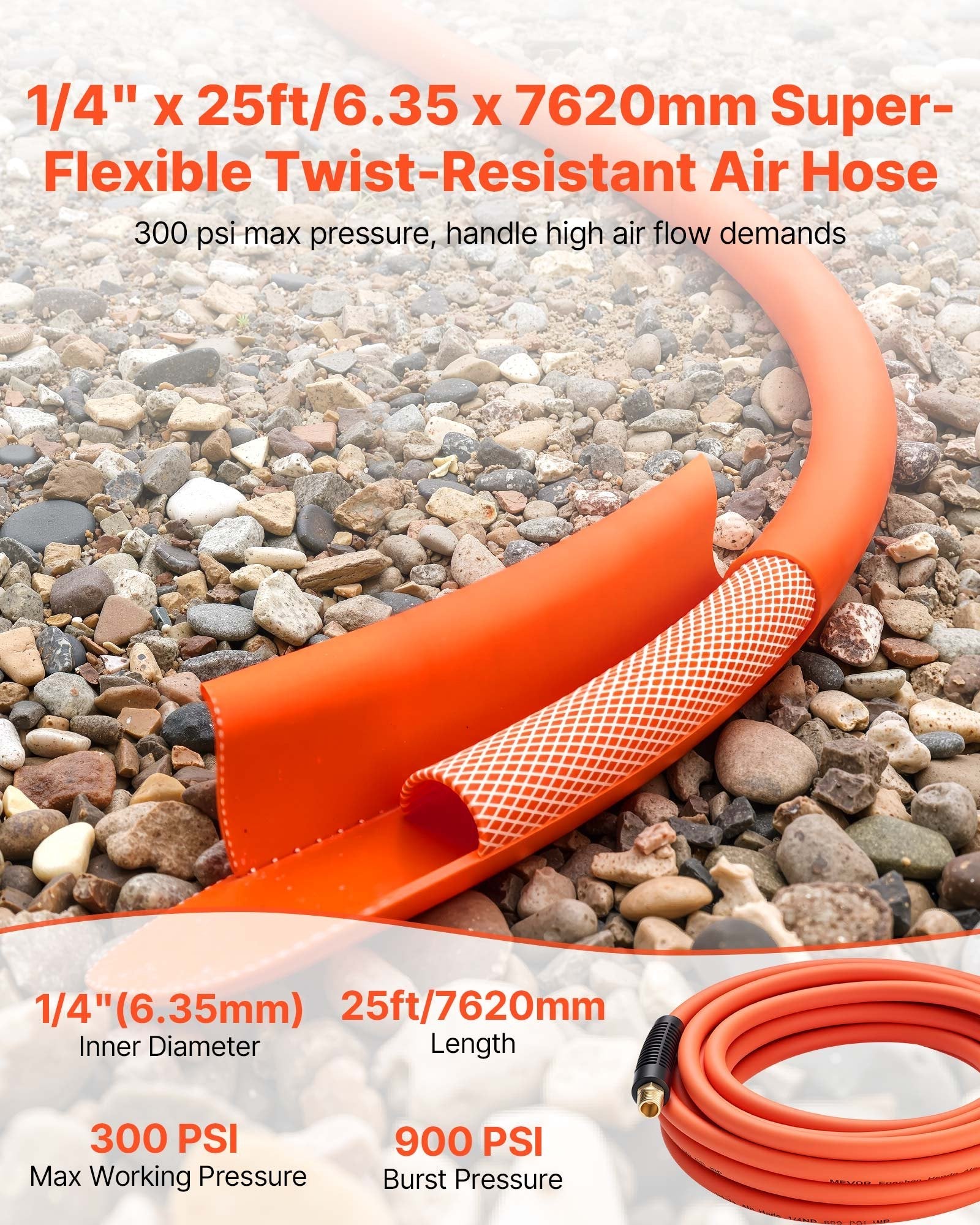 VEVOR Air Hose, 1/4" x 25ft Hybrid Air Hose, Lightweight, Kink Resistant, Pneumatic Hoses with 1/4 inch Solid Brass Male Fittings, Three-Layer Hybrid Material, 300 PSI, All-Weather Flexibility, Orange 