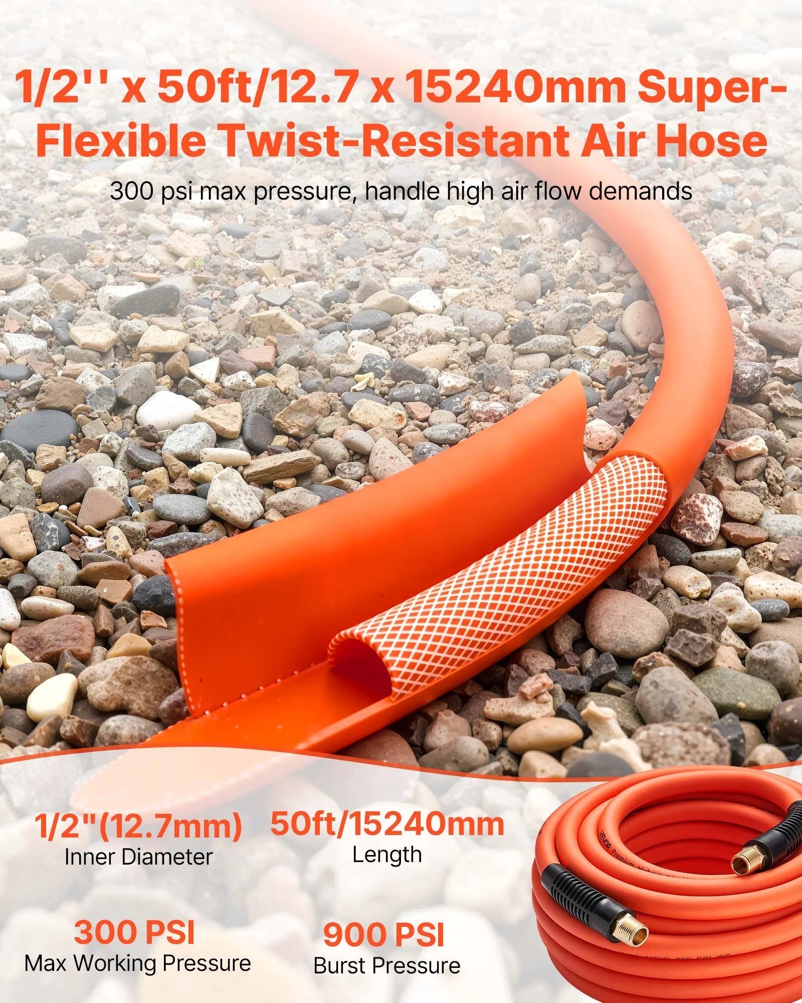 VEVOR Air Hose, 1/2" x 50ft Hybrid Air Hose, Lightweight, Kink Resistant, Pneumatic Hoses with 1/2 inch Solid Brass Male Fittings, Three-Layer Hybrid Material, 300 PSI, All-Weather Flexibility, Orange 
