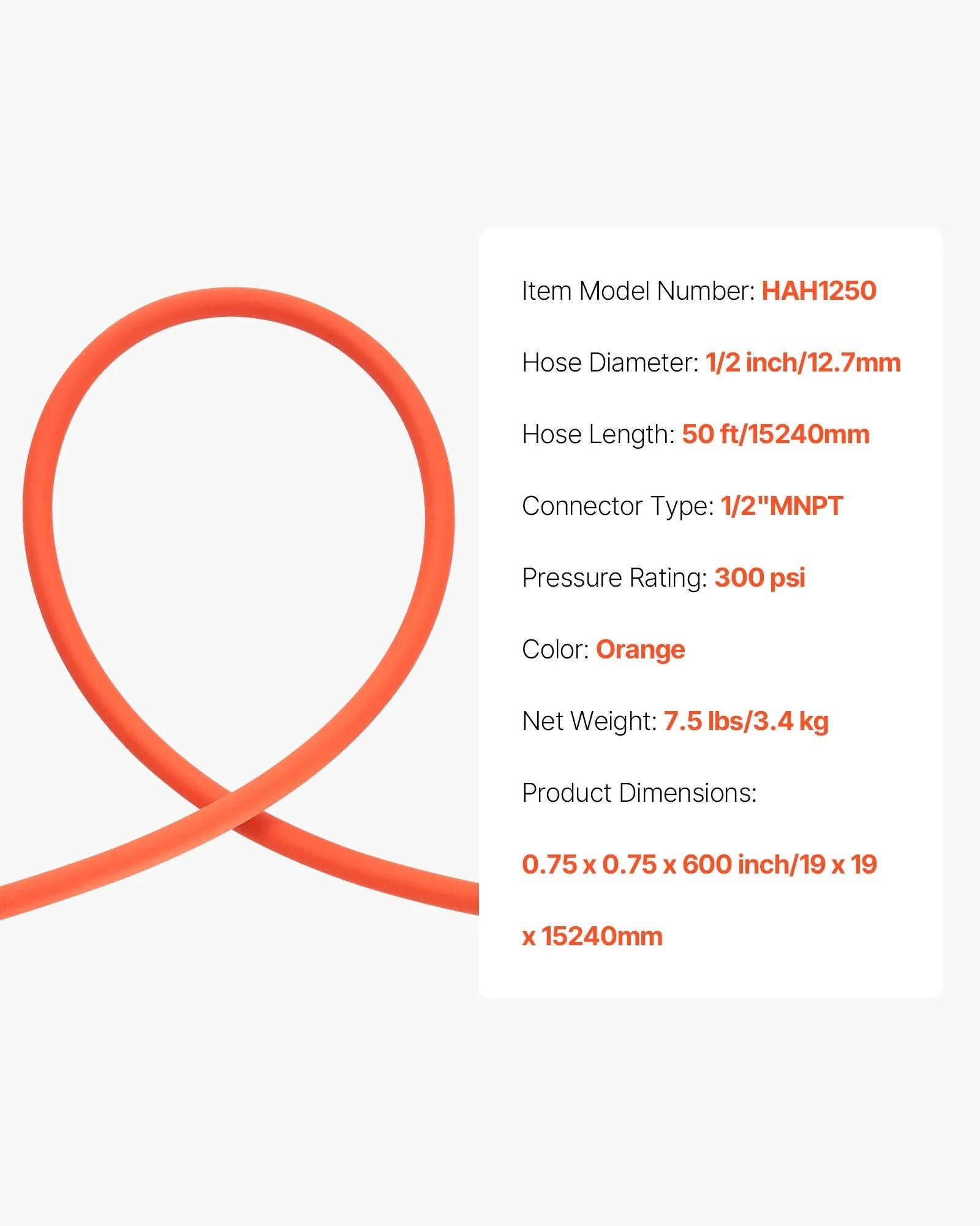 VEVOR Air Hose, 1/2" x 50ft Hybrid Air Hose, Lightweight, Kink Resistant, Pneumatic Hoses with 1/2 inch Solid Brass Male Fittings, Three-Layer Hybrid Material, 300 PSI, All-Weather Flexibility, Orange 