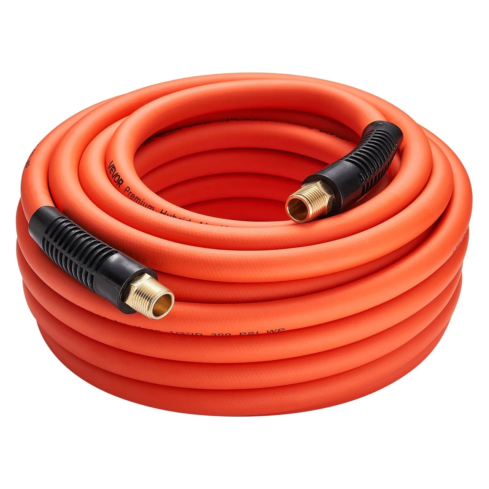 VEVOR Air Hose, 1/2" x 50ft Hybrid Air Hose, Lightweight, Kink Resistant, Pneumatic Hoses with 1/2 inch Solid Brass Male Fittings, Three-Layer Hybrid Material, 300 PSI, All-Weather Flexibility, Orange 