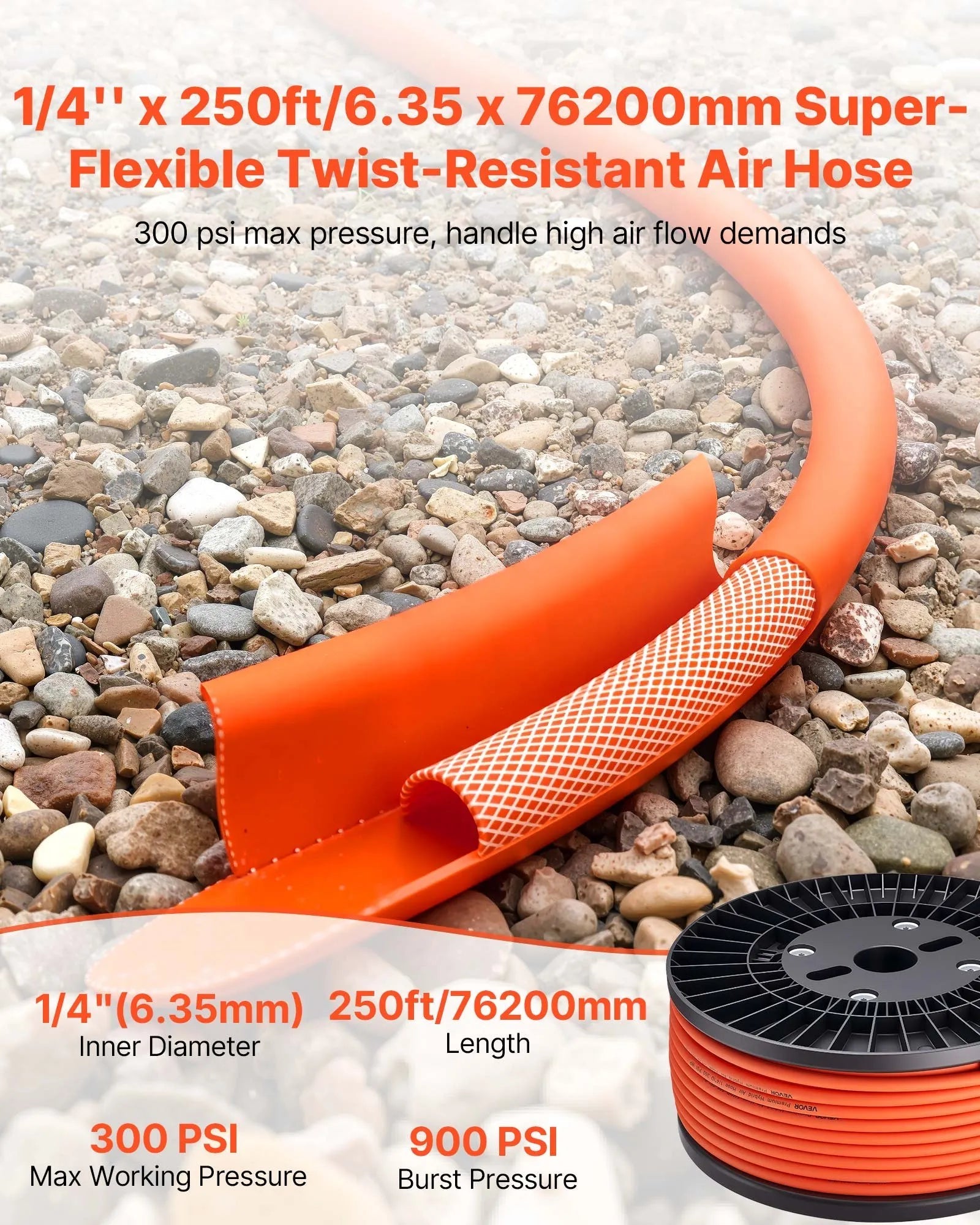 VEVOR Air Hose, 1/4" x 250ft Hybrid Air Hose, Lightweight, Kink Resistant, Pneumatic Hoses with Three-Layer Hybrid Material for Auto, Home & Building, 300 PSI, All-Weather Flexibility, Orange 