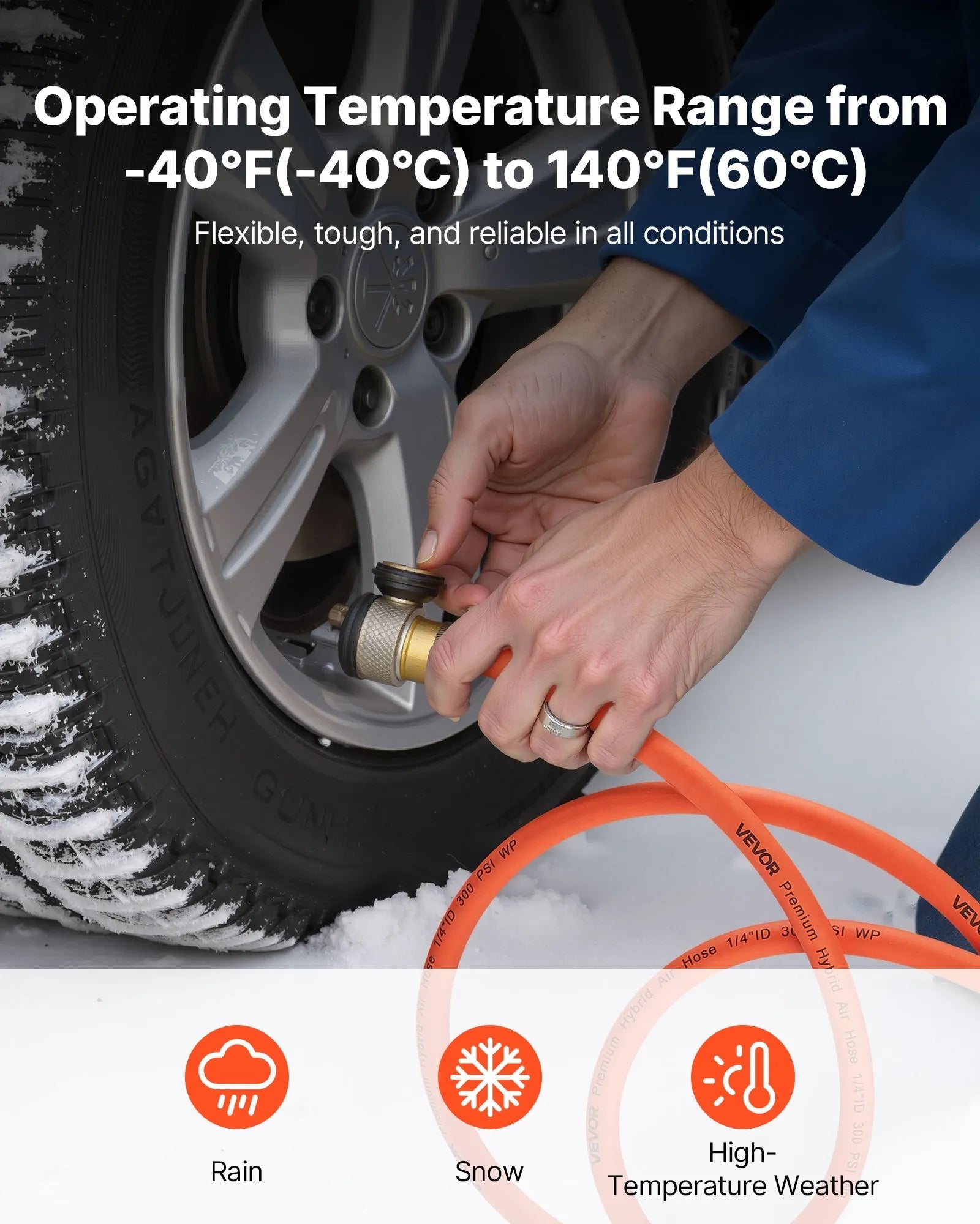 VEVOR Air Hose, 1/4" x 250ft Hybrid Air Hose, Lightweight, Kink Resistant, Pneumatic Hoses with Three-Layer Hybrid Material for Auto, Home & Building, 300 PSI, All-Weather Flexibility, Orange 