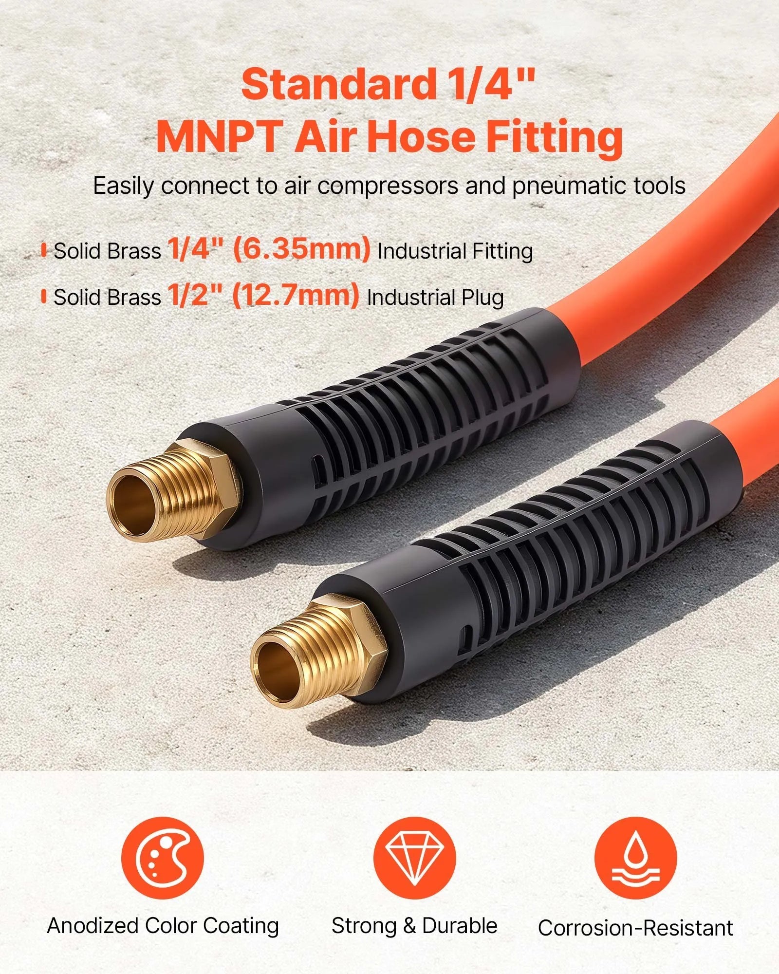 VEVOR Air Hose, 1/4" x 100ft Hybrid Air Hose, Lightweight, Kink Resistant, Pneumatic Hoses with 1/4 inch Solid Brass Male Fitting, Three-Layer Hybrid Material, 300 PSI, All-Weather Flexibility, Orange 