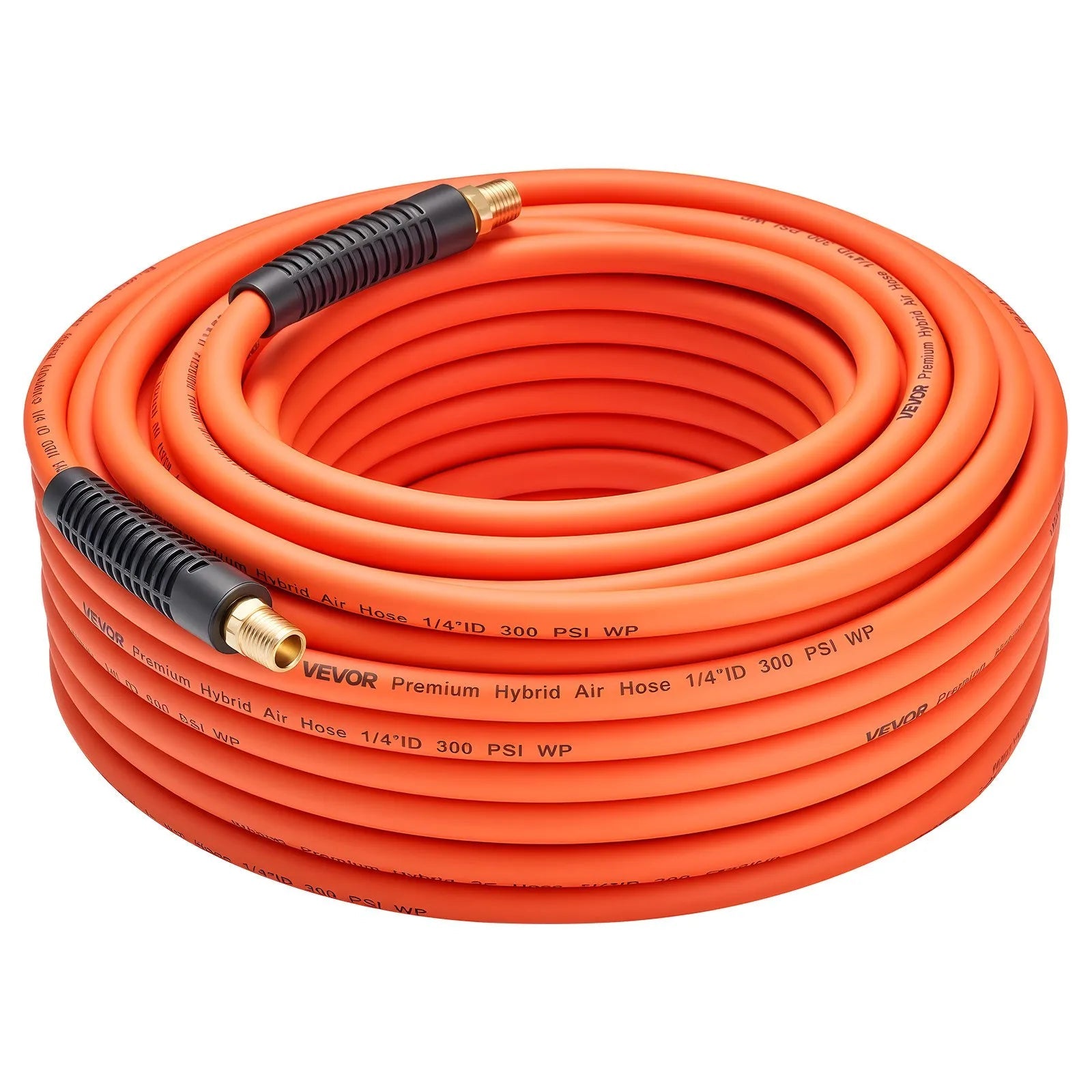 VEVOR Air Hose, 1/4" x 100ft Hybrid Air Hose, Lightweight, Kink Resistant, Pneumatic Hoses with 1/4 inch Solid Brass Male Fitting, Three-Layer Hybrid Material, 300 PSI, All-Weather Flexibility, Orange 