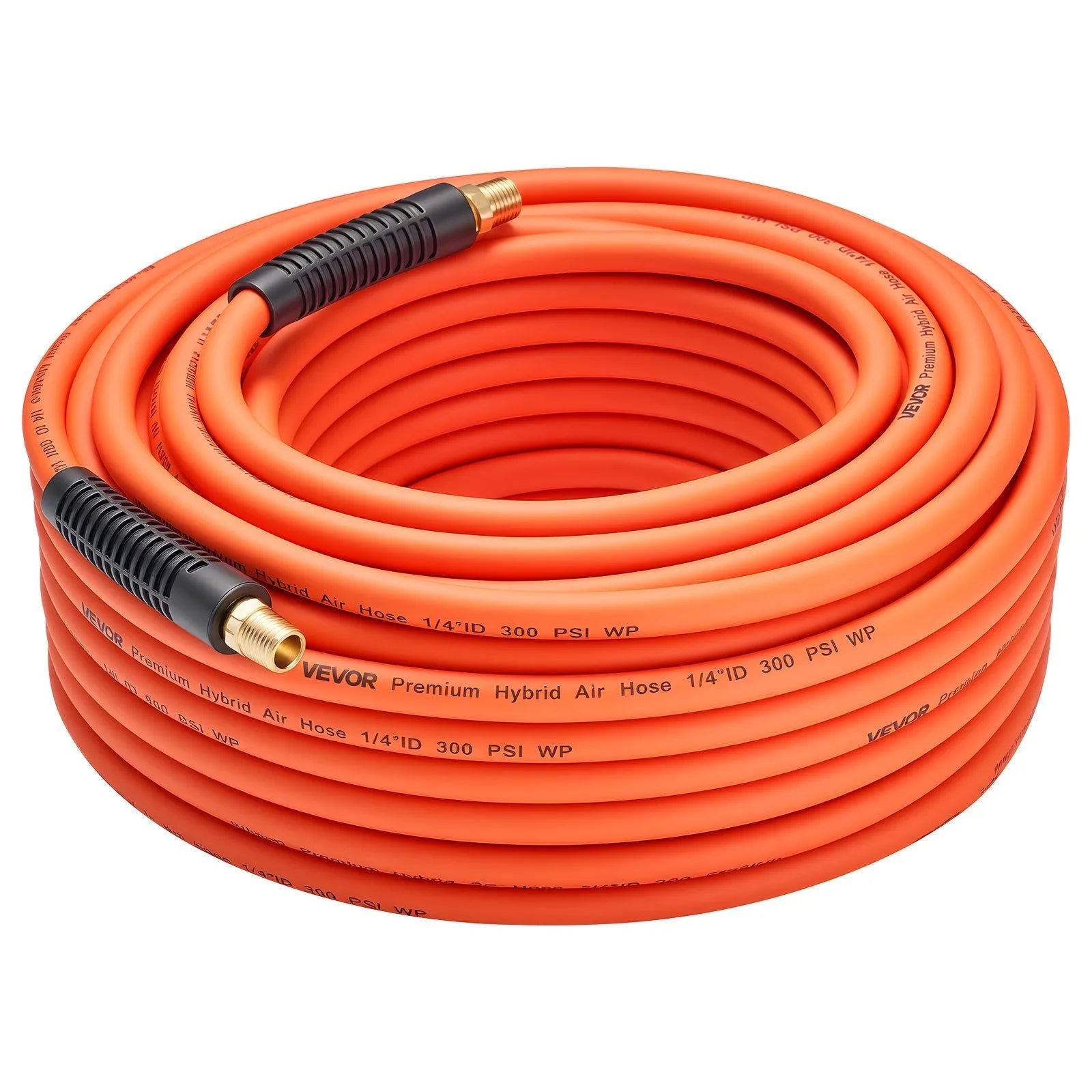 VEVOR Air Hose, 1/4" x 100ft Hybrid Air Hose, Lightweight, Kink Resistant, Pneumatic Hoses with 1/4 inch Solid Brass Male Fitting, Three-Layer Hybrid Material, 300 PSI, All-Weather Flexibility, Orange 