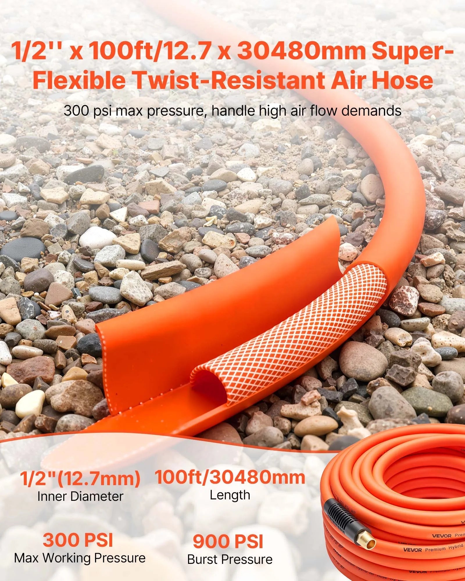 VEVOR Air Hose, 1/2" x 100ft Hybrid Air Hose, Lightweight, Kink Resistant, Pneumatic Hoses with 1/2 inch Solid Brass Male Fitting, Three-Layer Hybrid Material, 300 PSI, All-Weather Flexibility, Orange 