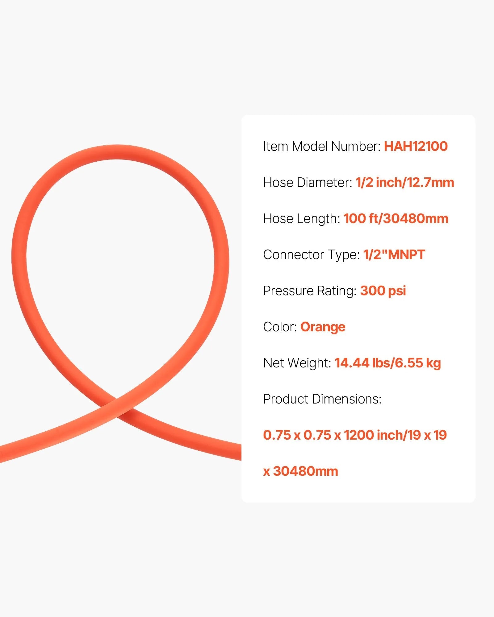 VEVOR Air Hose, 1/2" x 100ft Hybrid Air Hose, Lightweight, Kink Resistant, Pneumatic Hoses with 1/2 inch Solid Brass Male Fitting, Three-Layer Hybrid Material, 300 PSI, All-Weather Flexibility, Orange 