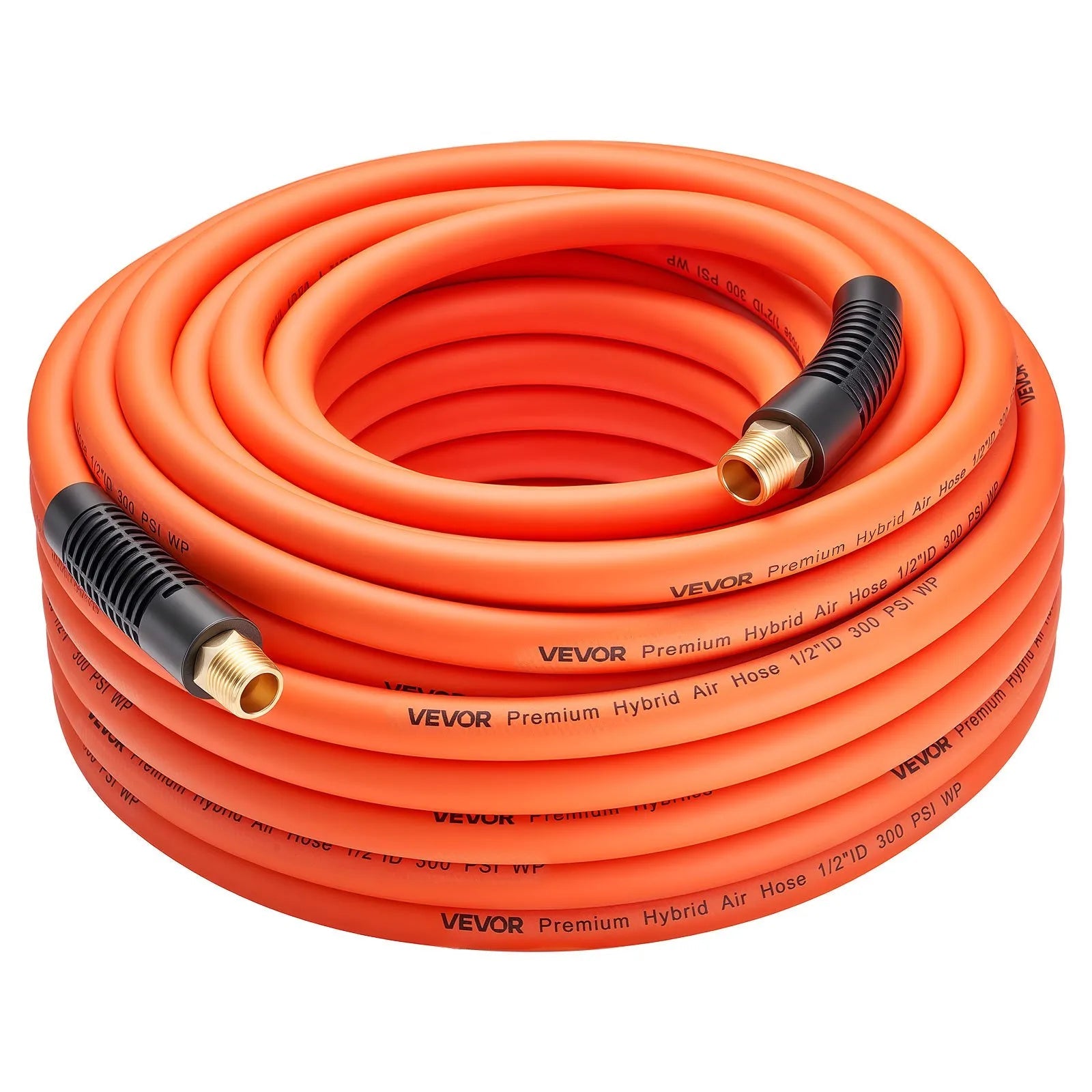 VEVOR Air Hose, 1/2" x 100ft Hybrid Air Hose, Lightweight, Kink Resistant, Pneumatic Hoses with 1/2 inch Solid Brass Male Fitting, Three-Layer Hybrid Material, 300 PSI, All-Weather Flexibility, Orange 