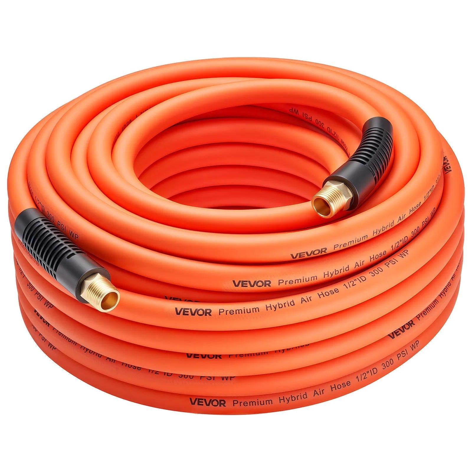VEVOR Air Hose, 1/2" x 100ft Hybrid Air Hose, Lightweight, Kink Resistant, Pneumatic Hoses with 1/2 inch Solid Brass Male Fitting, Three-Layer Hybrid Material, 300 PSI, All-Weather Flexibility, Orange 