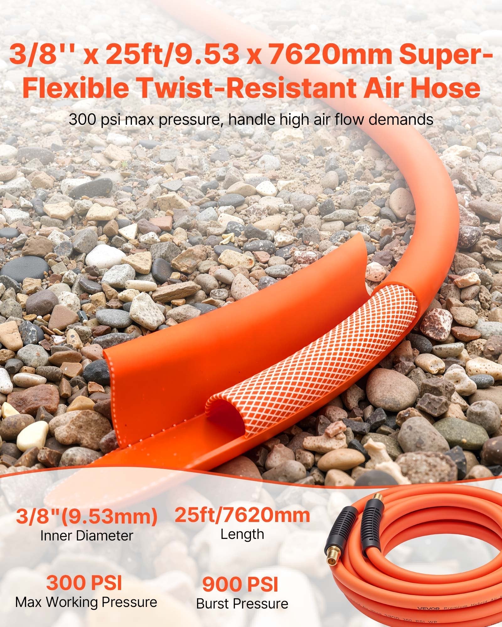VEVOR Air Hose, 3/8'' x 25ft Hybrid Air Hose, Lightweight, Kink Resistant, Pneumatic Hoses with 1/4 inch Solid Brass Male Fitting, Three-Layer Hybrid Material, 300 PSI, All-Weather Flexibility, Orange 