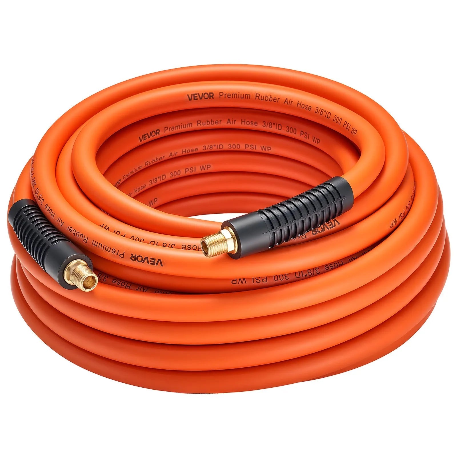 VEVOR Air Hose, 3/8'' x 50ft Rubber Air Hose, Lightweight, Kink Resistant, Pneumatic Hoses with 1/4 inch Solid Brass Male Fitting, Three-Layer Material, 300 PSI, All-Weather Flexibility, Orange 