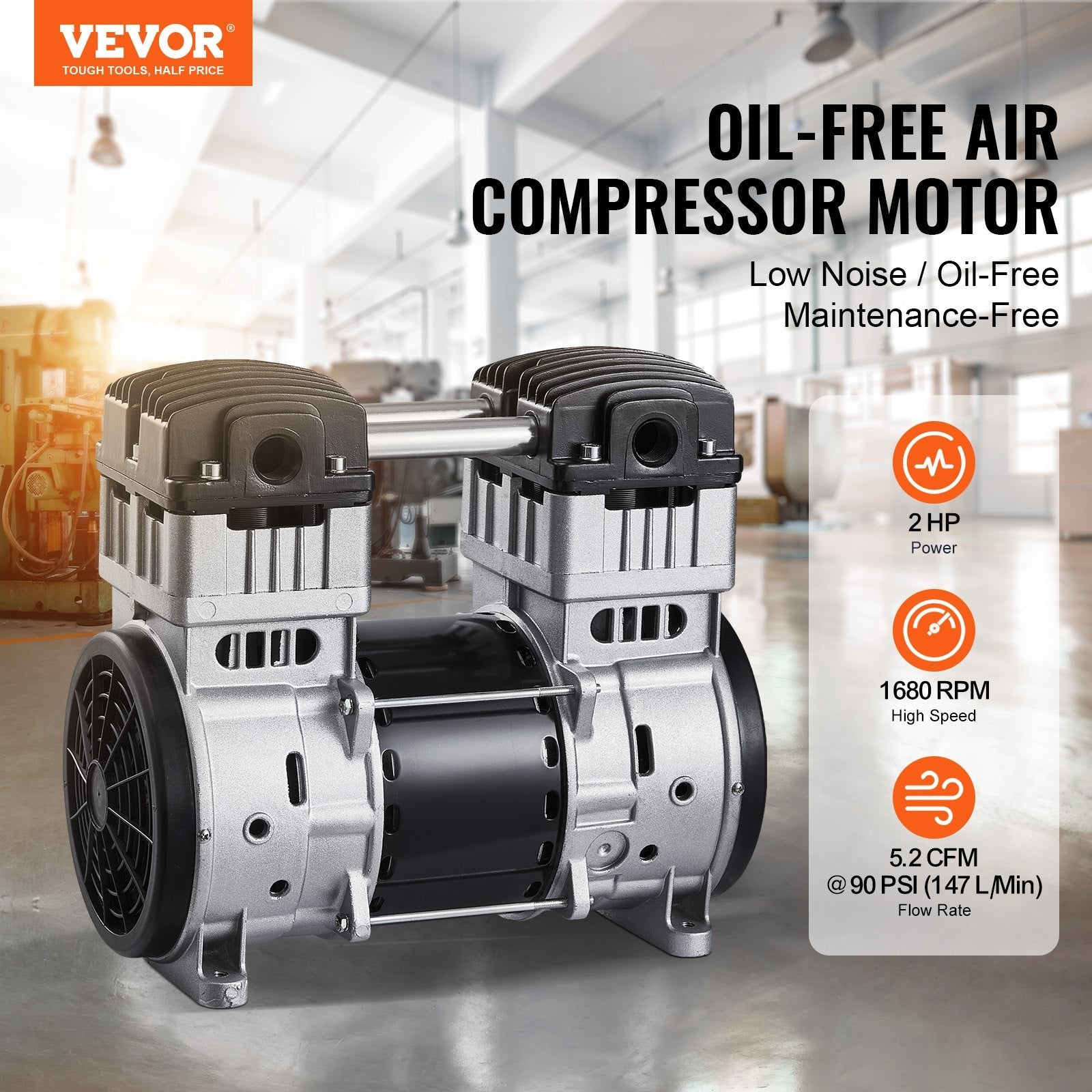 VEVOR Air Compressor Motor 2HP 5.2CFM @ 90PSI Oil Free with Max. 145PSI Pressure 