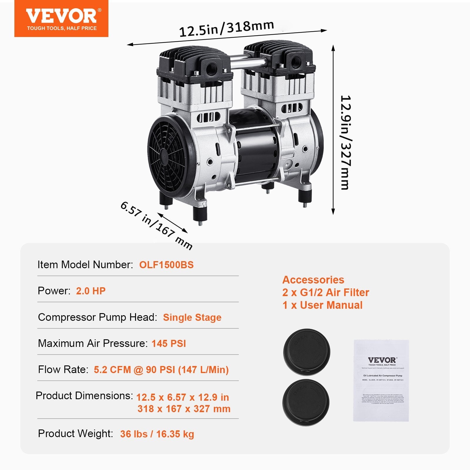 VEVOR Air Compressor Motor 2HP 5.2CFM @ 90PSI Oil Free with Max. 145PSI Pressure 