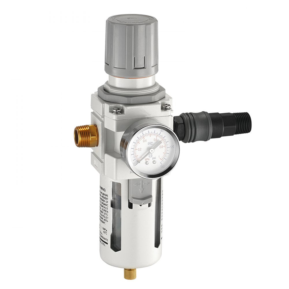 VEVOR Air Compressor Filter Regulator, 1/2" NPT Air Dryer for Compressor, Single Stage Semi-Auto Air Compressor Water Separator with Brass Filter Element, 7.5-125PSI Pressure Regulator, Poly Bowl 