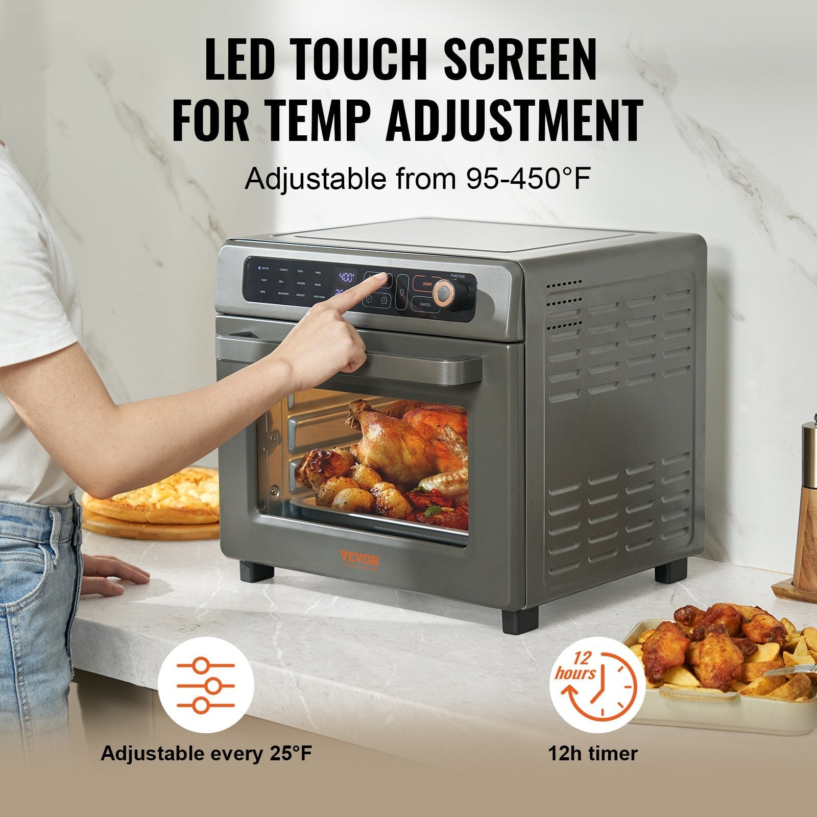 VEVOR 12-IN-1 Air Fryer Toaster Oven, 25L Convection Oven, 1700W Stainless Steel Toaster Ovens Countertop Combo with Grill, Pizza Pan, Gloves, 12 Slices Toast, 12-inch Pizza, Home and Commercial Use 