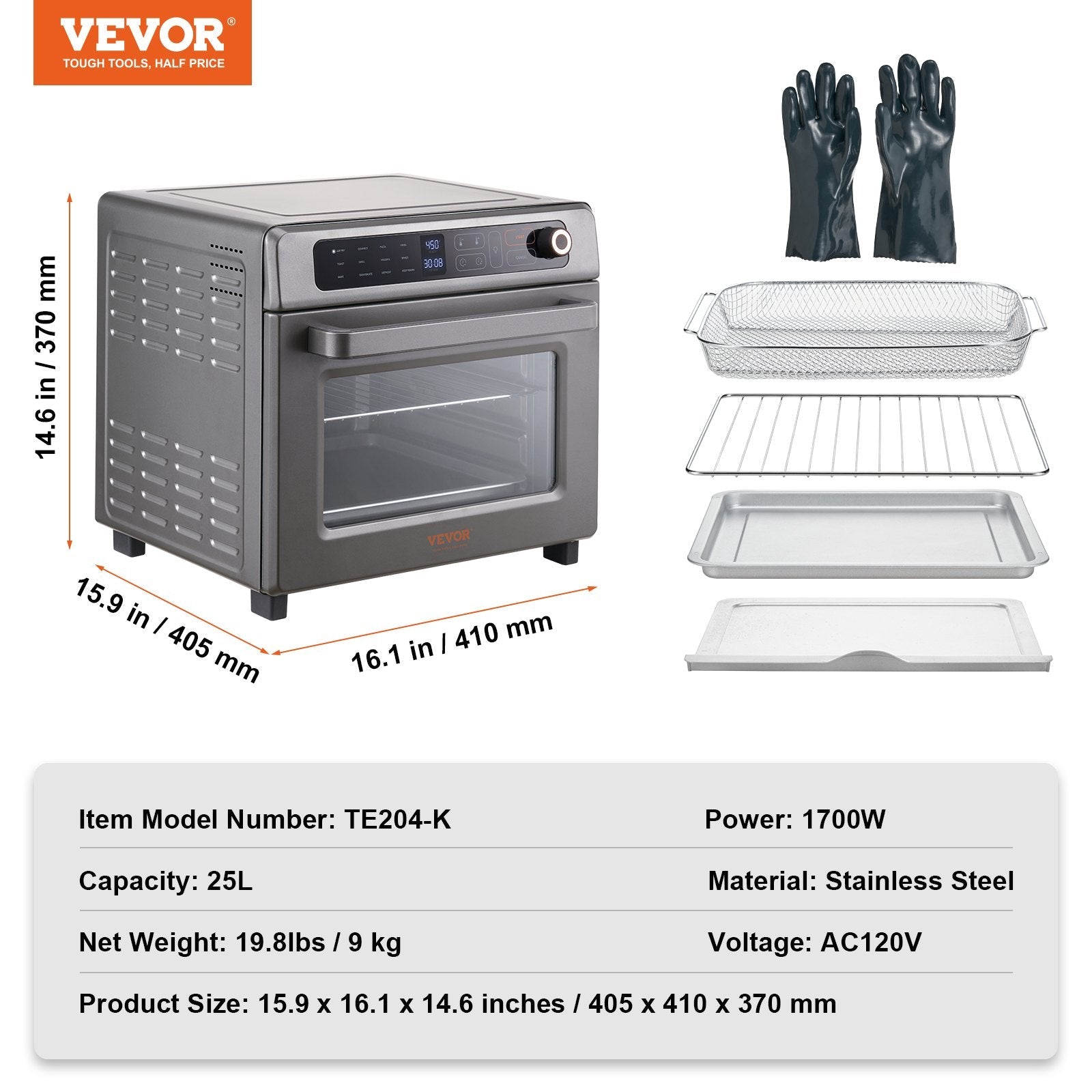 VEVOR 12-IN-1 Air Fryer Toaster Oven, 25L Convection Oven, 1700W Stainless Steel Toaster Ovens Countertop Combo with Grill, Pizza Pan, Gloves, 12 Slices Toast, 12-inch Pizza, Home and Commercial Use 