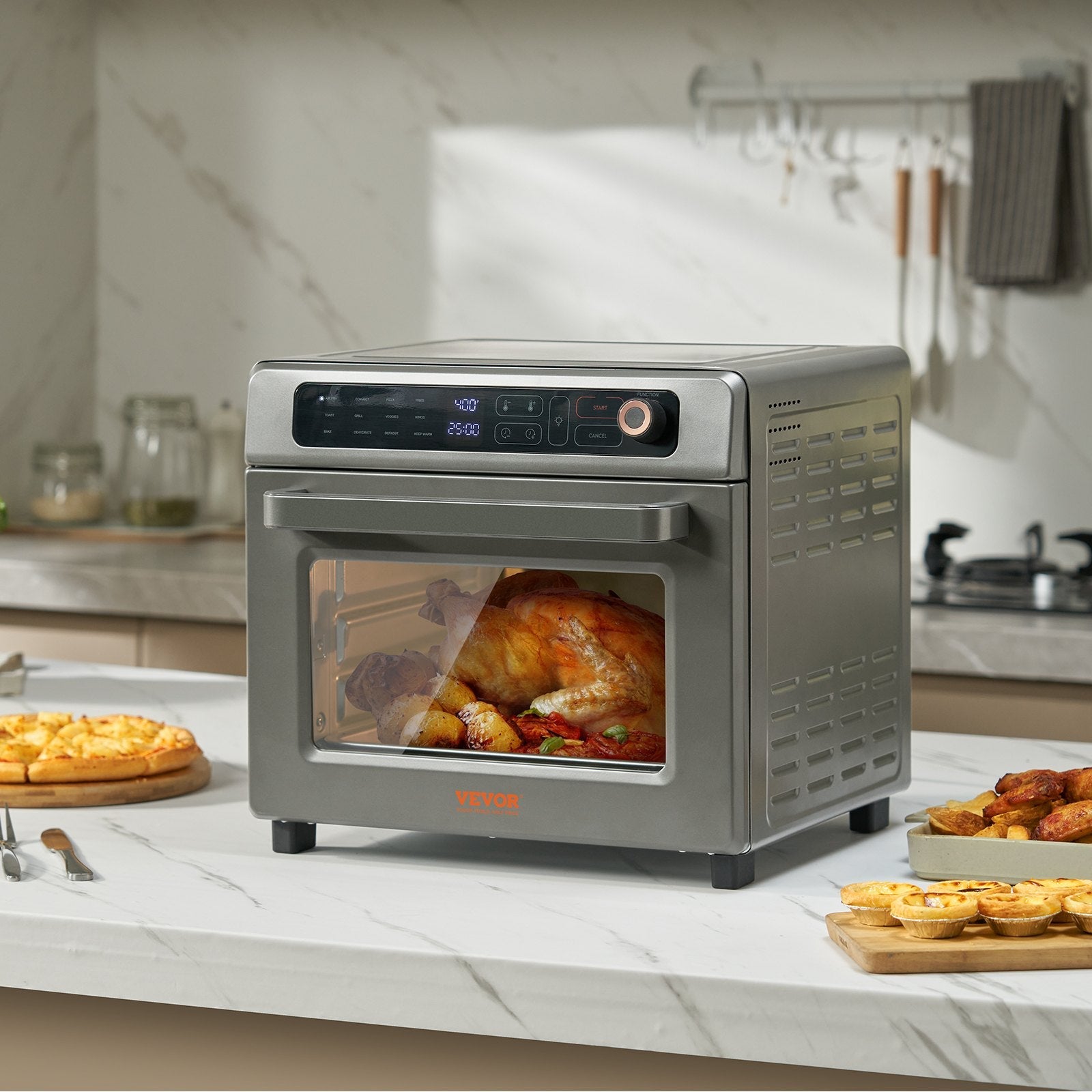 VEVOR 12-IN-1 Air Fryer Toaster Oven, 25L Convection Oven, 1700W Stainless Steel Toaster Ovens Countertop Combo with Grill, Pizza Pan, Gloves, 12 Slices Toast, 12-inch Pizza, Home and Commercial Use 