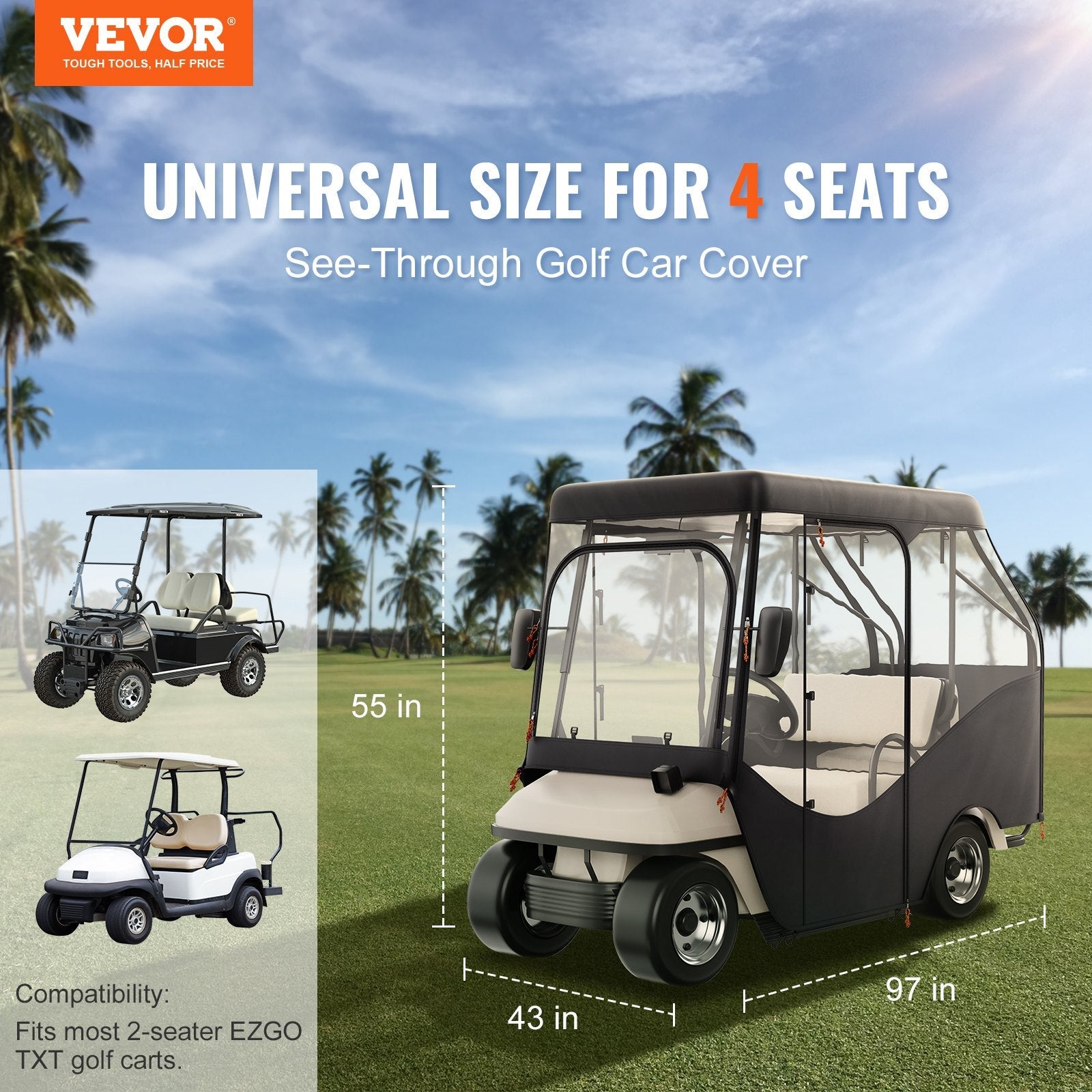VEVOR Golf Cart Enclosure, 420D Polyester Driving Enclosure with 4-Sided Transparent Windows, 4 Passenger Club Car Covers Universal Fits for Most Brand Carts, Sunproof and Dustproof Outdoor Cart Cover 