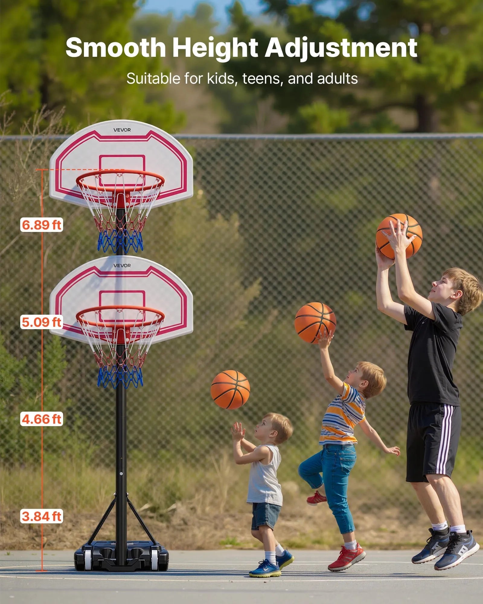 VEVOR Portable Basketball Stand, 5.2 to 6.9 ft Height Adjustment Basketball Hoop & Goal, Kids Adjustable Basketballs Hoop with Nylon Net & Rolling Wheels, Portable Backboard Set for Patios, Poolside 