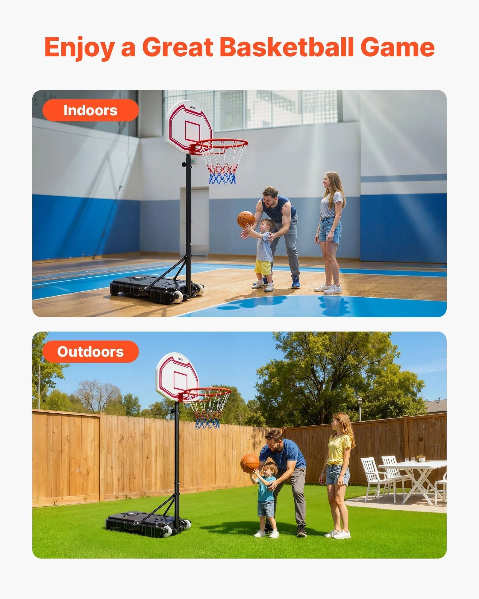 VEVOR Portable Basketball Stand, 5.2 to 6.9 ft Height Adjustment Basketball Hoop & Goal, Kids Adjustable Basketballs Hoop with Nylon Net & Rolling Wheels, Portable Backboard Set for Patios, Poolside 