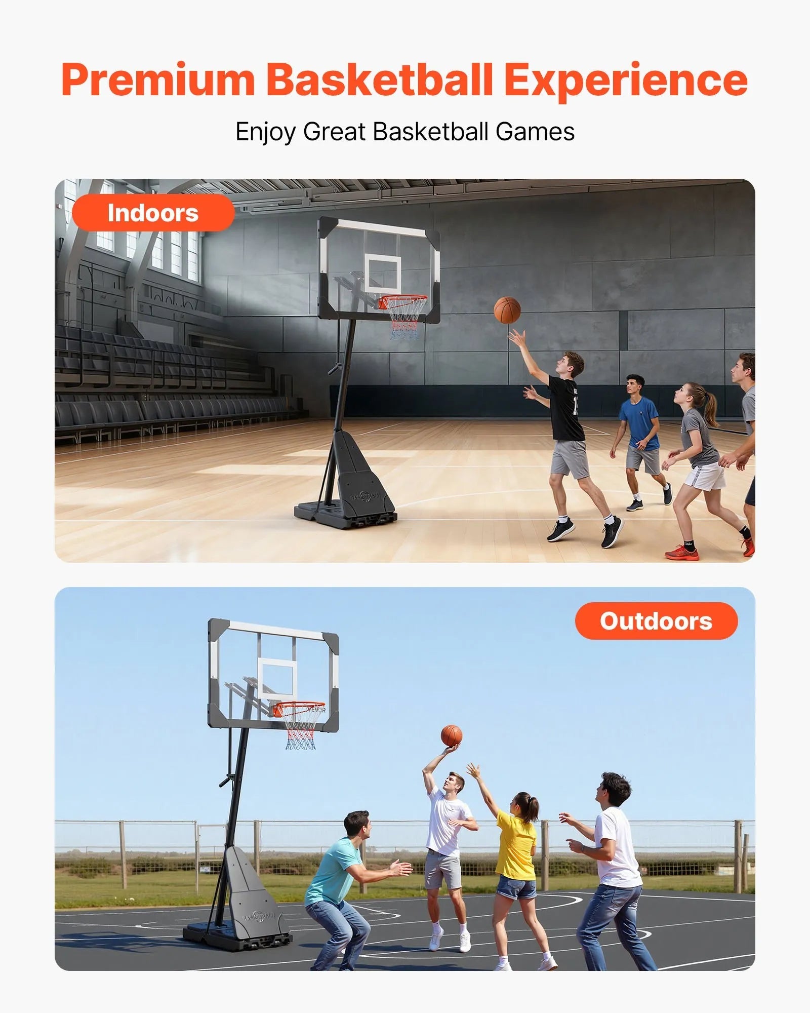 VEVOR Portable Basketball Stand, 8.04 to 10 ft Height Adjustment Basketball Hoop & Goal, Basketballs Hoop Outdoor with 44 inch PC Backboard for Kids, Adults in Schools, Parks, Indoor & Outdoor Use 