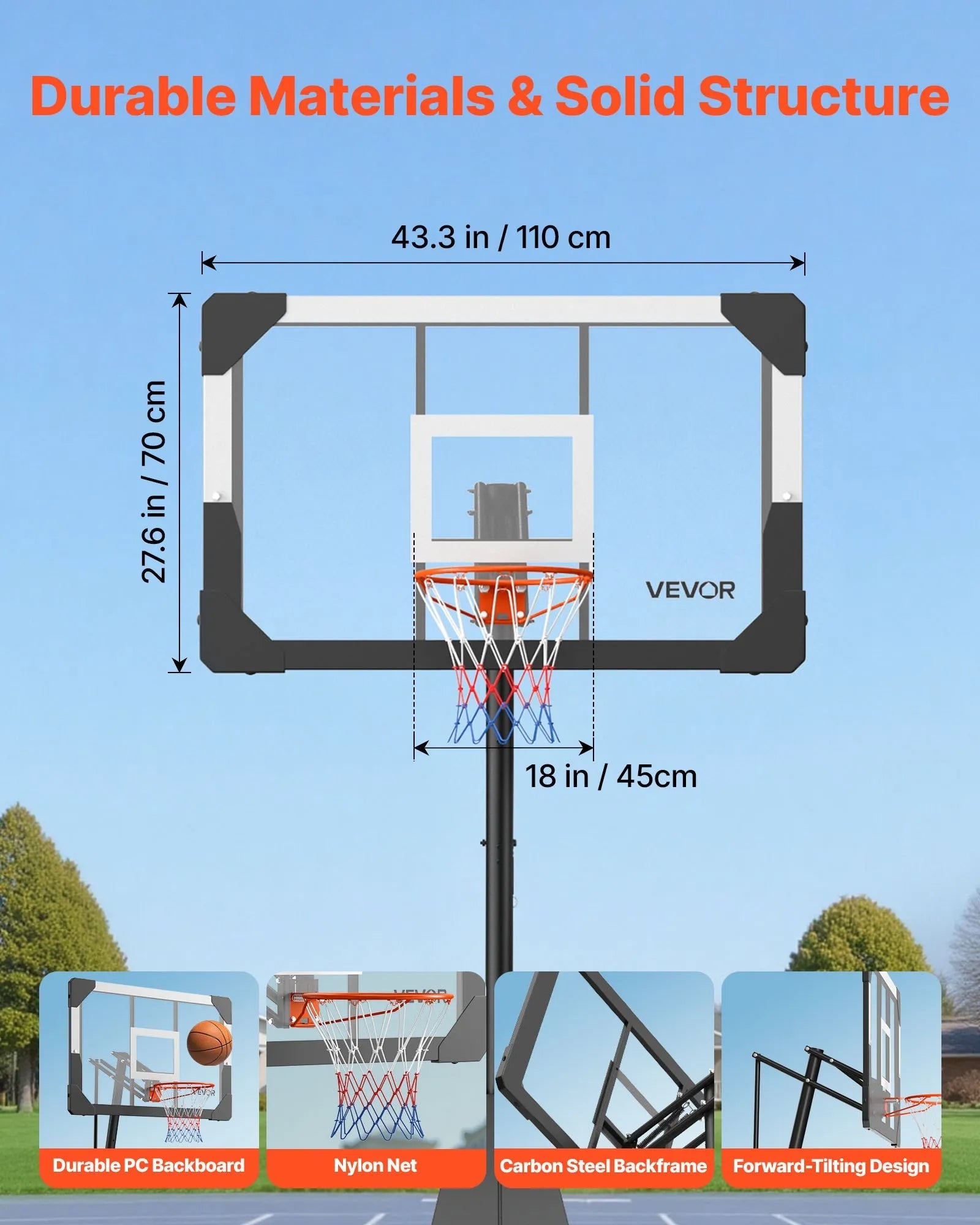 VEVOR Portable Basketball Stand, 8.04 to 10 ft Height Adjustment Basketball Hoop & Goal, Basketballs Hoop Outdoor with 44 inch PC Backboard for Kids, Adults in Schools, Parks, Indoor & Outdoor Use 